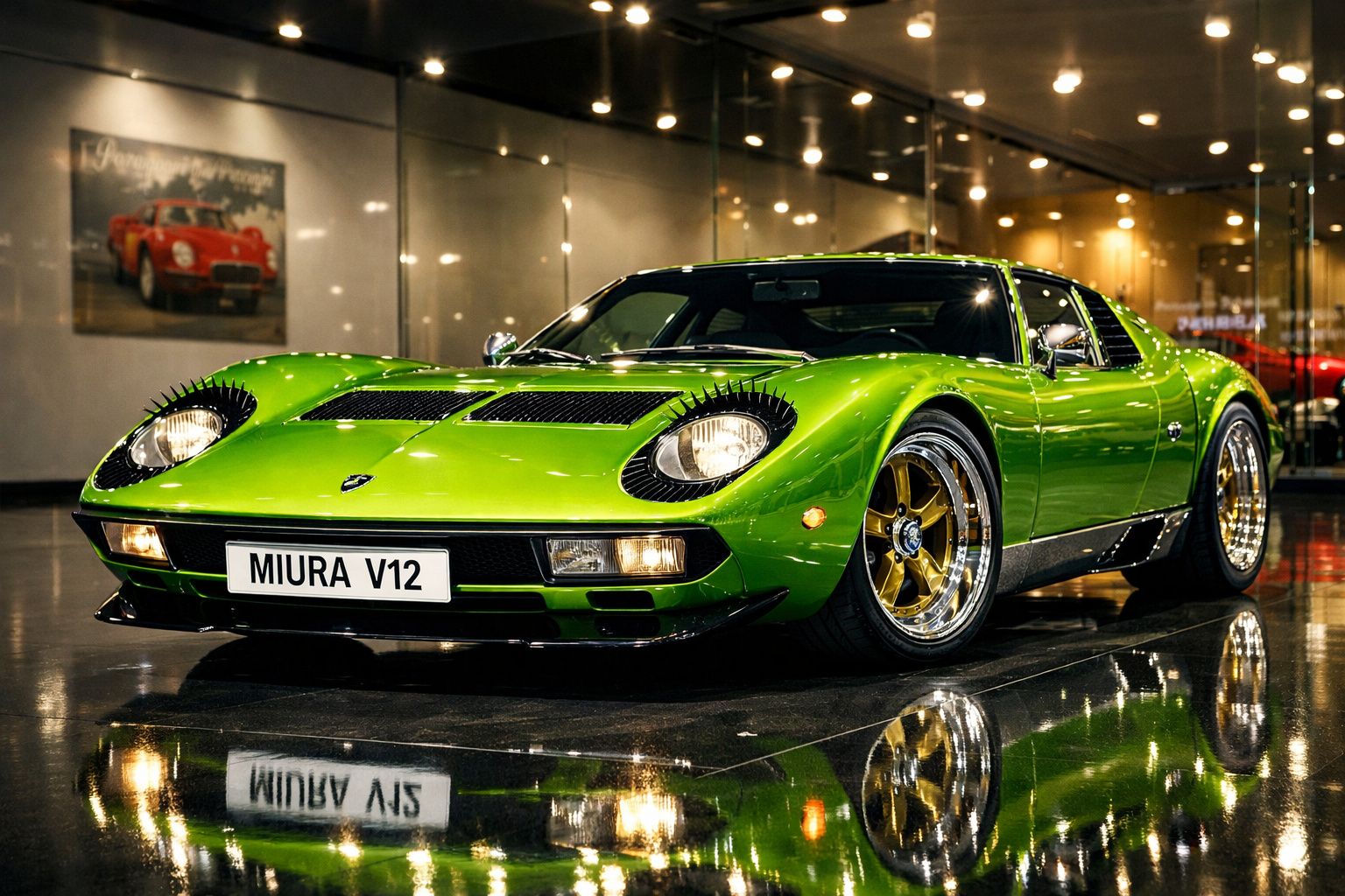 Automóvel desportivo clássico verde com faróis decorados com pestanas, no interior de garagem com chão reflexivo.