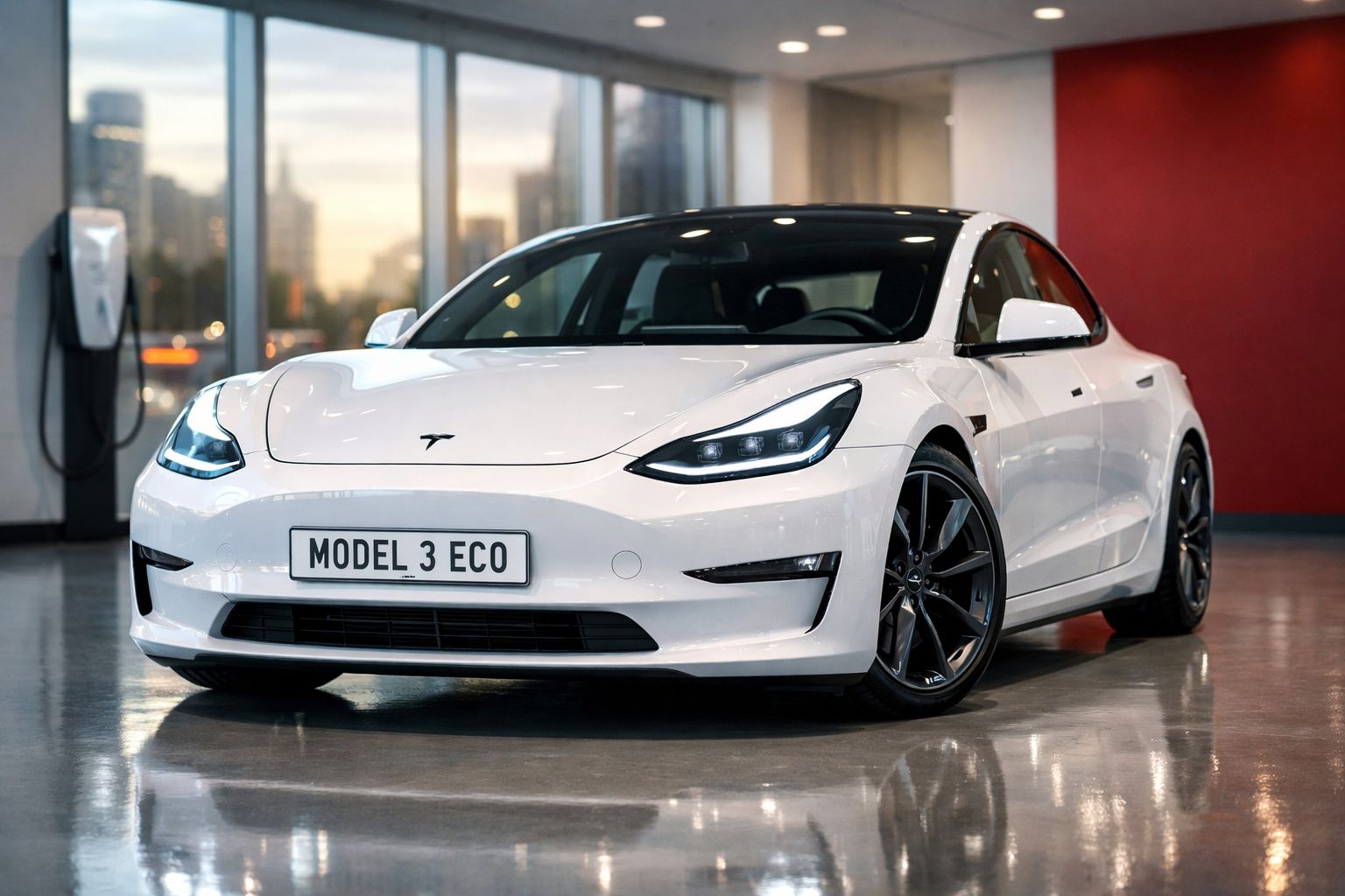 Carro elétrico Tesla Model 3 Eco branco estacionado em showroom com chão refletor.