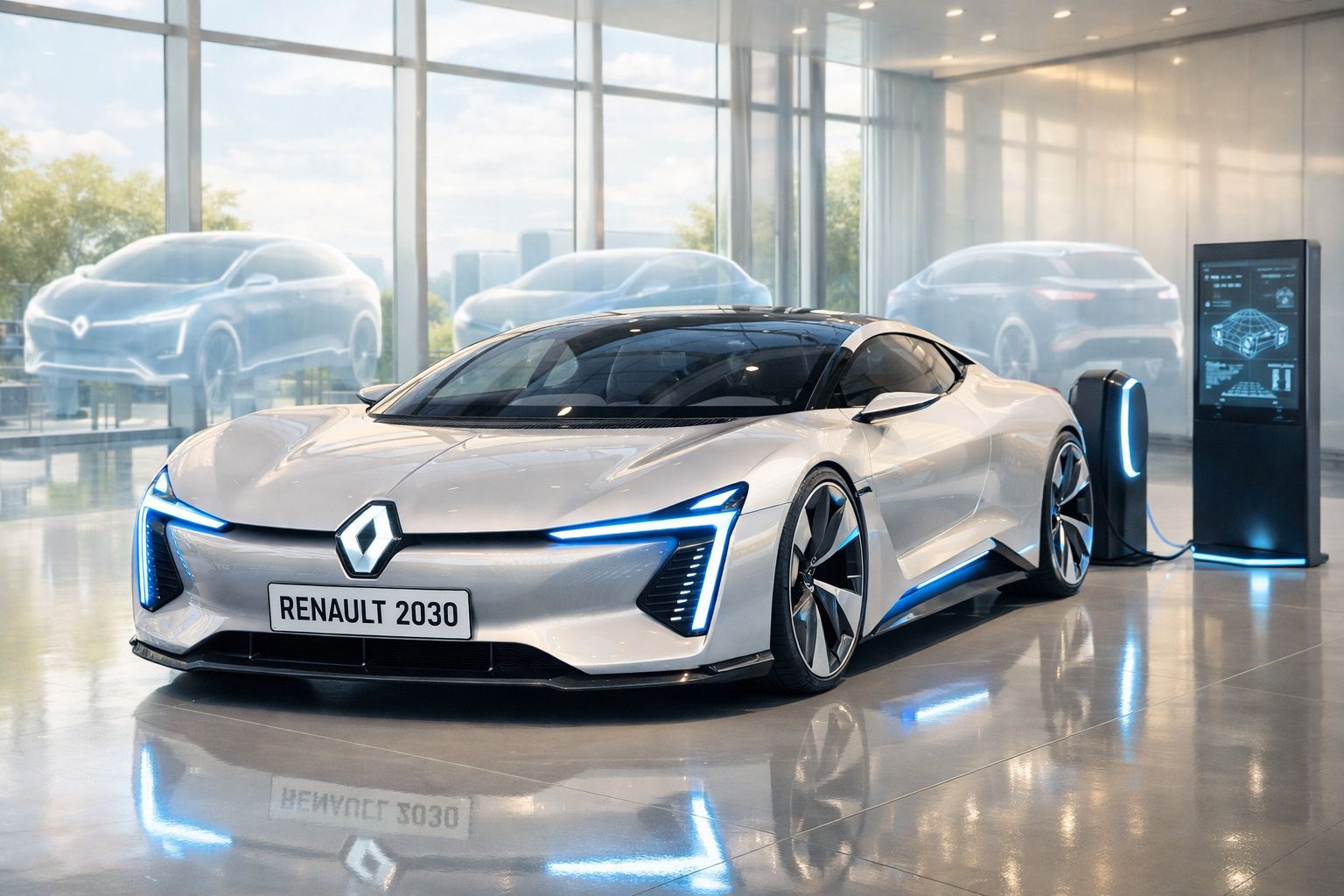 Carro eléctrico concept Renault 2030 branco a carregar dentro de showroom moderno e iluminado.