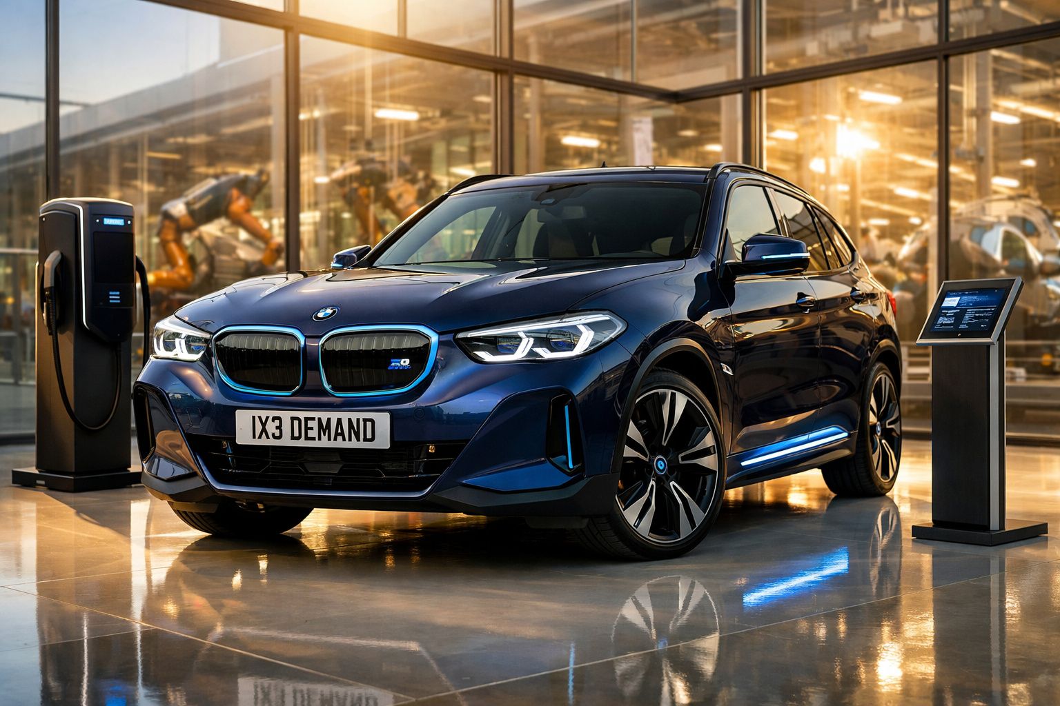 Carro elétrico BMW iX3 azul em exposição, junto a carregador e monitor digital em ambiente moderno.