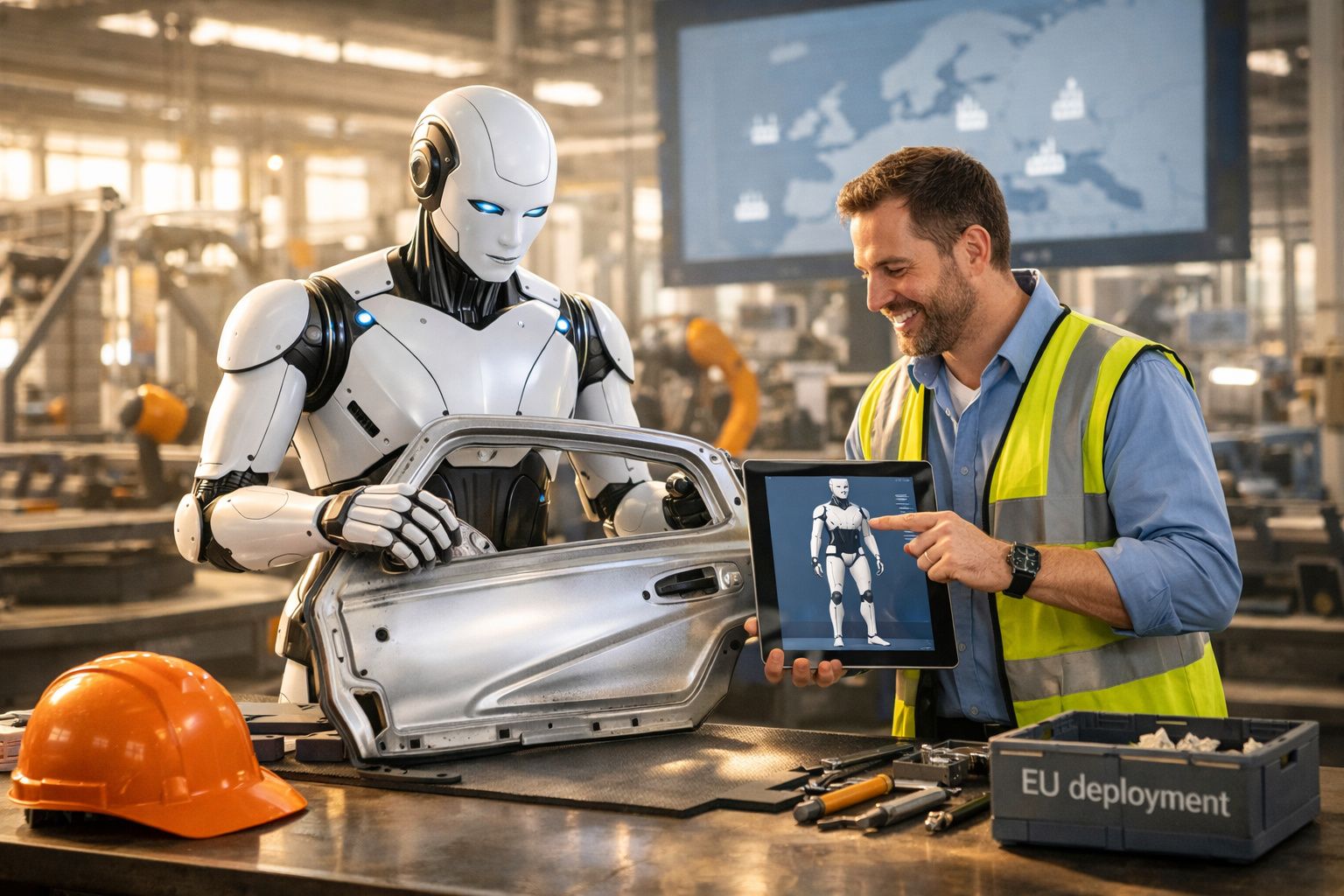 Homem com colete refletor mostra imagem de robô num tablet a um robô que segura porta metálica numa fábrica.