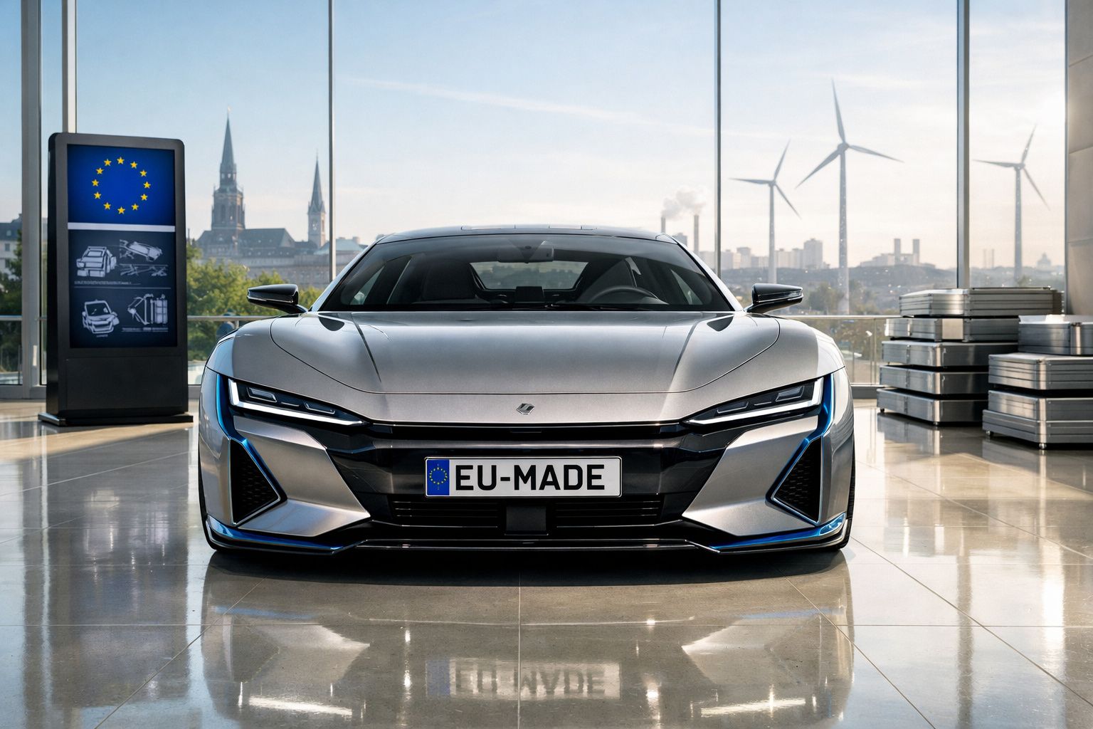 Carro elétrico desportivo prateado num showroom moderno com turbinas eólicas e cidade ao fundo.