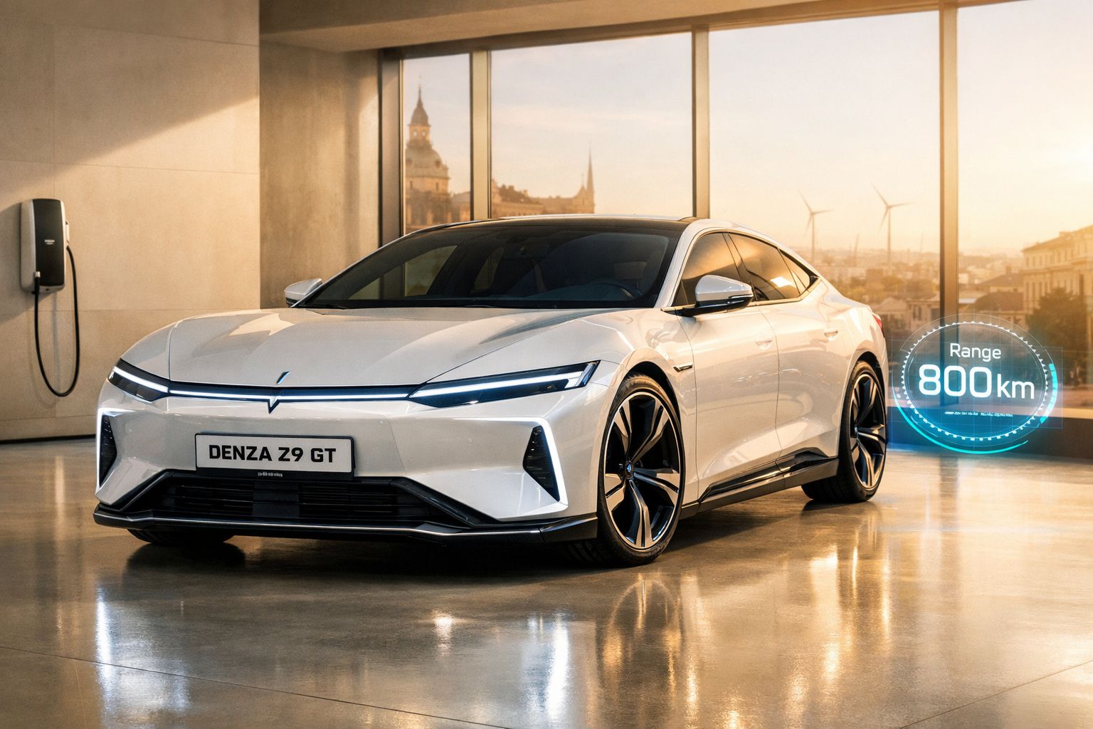 Carro elétrico branco Denza Z9 GT estacionado em garagem moderna com autonomia de 800 km exibida.