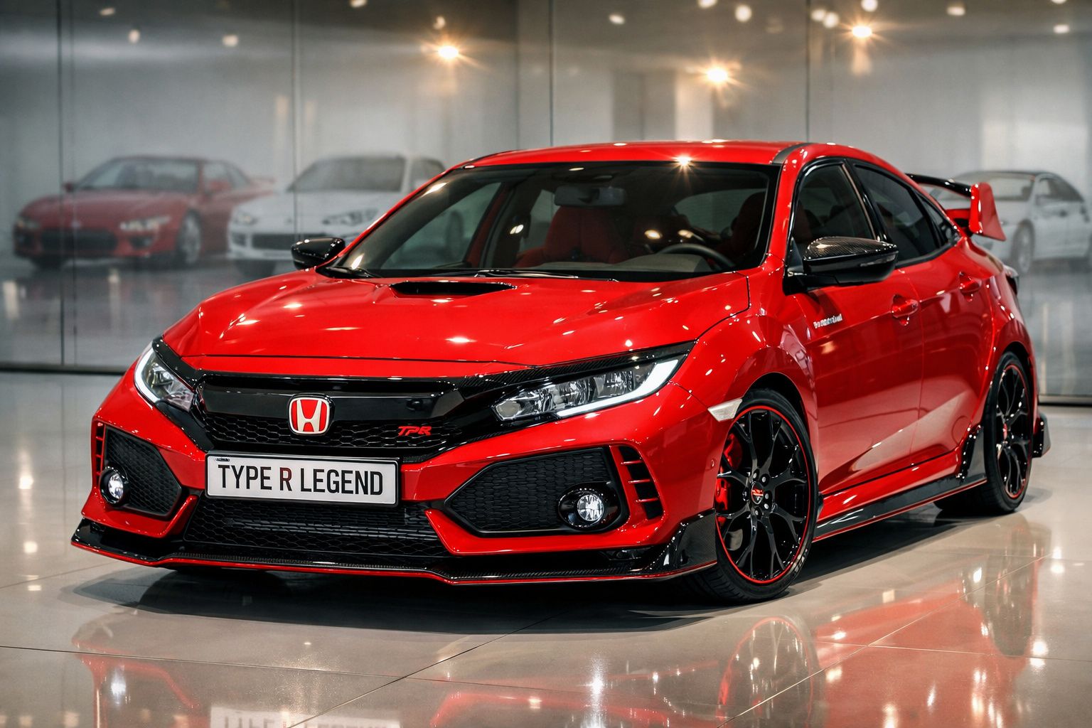 Carro desportivo Honda Civic Type R vermelho com detalhes pretos estacionado em ambiente interior moderno.