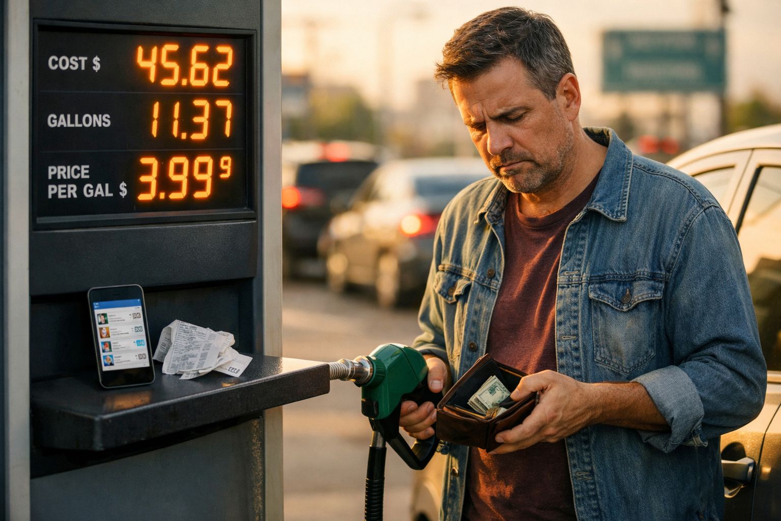 Homem com expressão preocupada paga combustível numa bomba de gasolina, com preço elevado visível no mostrador.