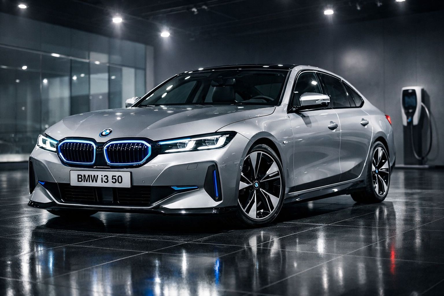 Carro elétrico BMW i3 50 prata estacionado em piso brilhante com posto de carregamento ao fundo.