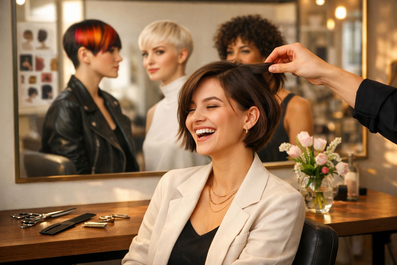 Mulher sorridente a fazer corte de cabelo num salão de beleza com três outras mulheres refletidas no espelho.