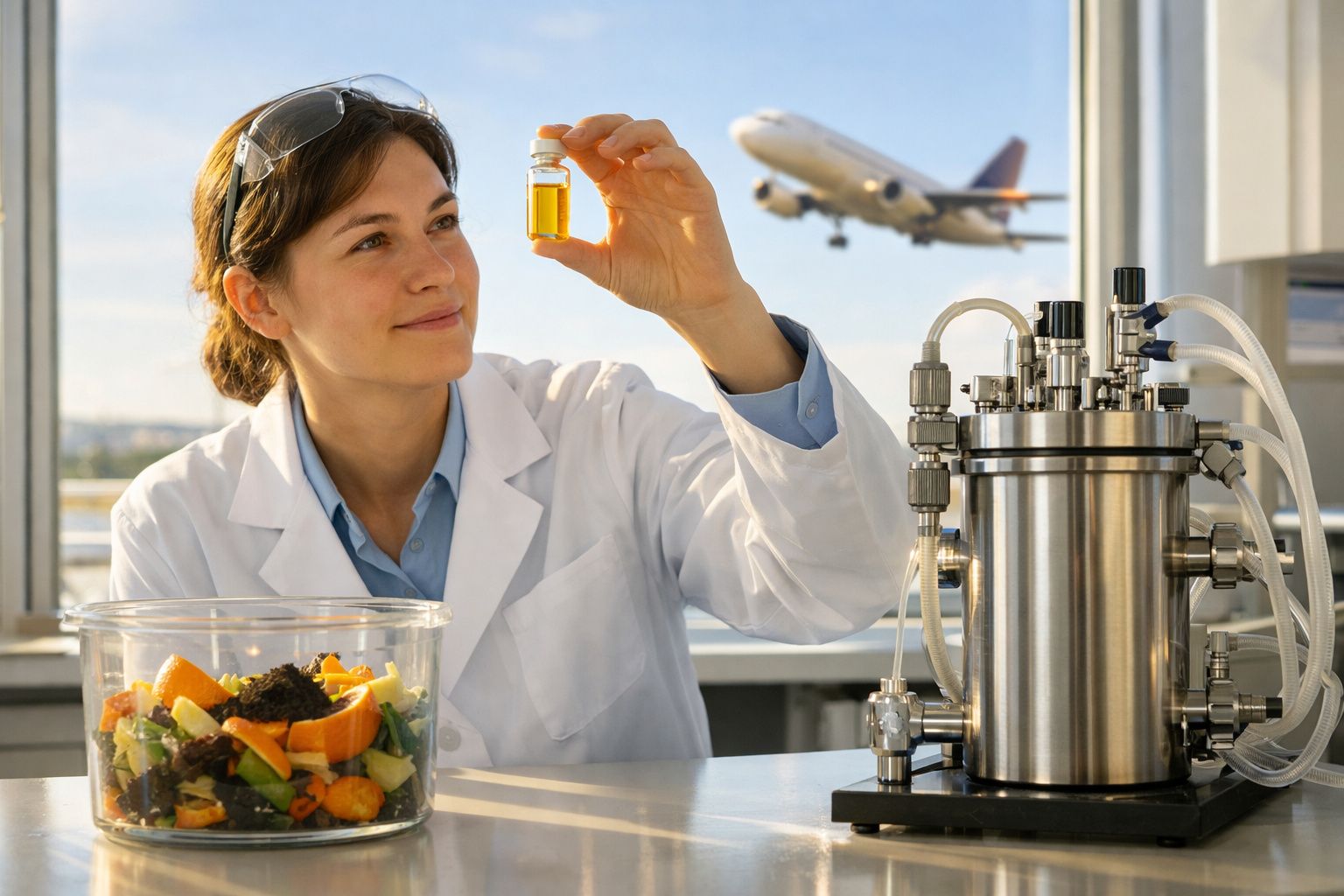 Cientista com bata branca analisa líquido amarelo em frasco, com alimentos e avião ao fundo na janela.