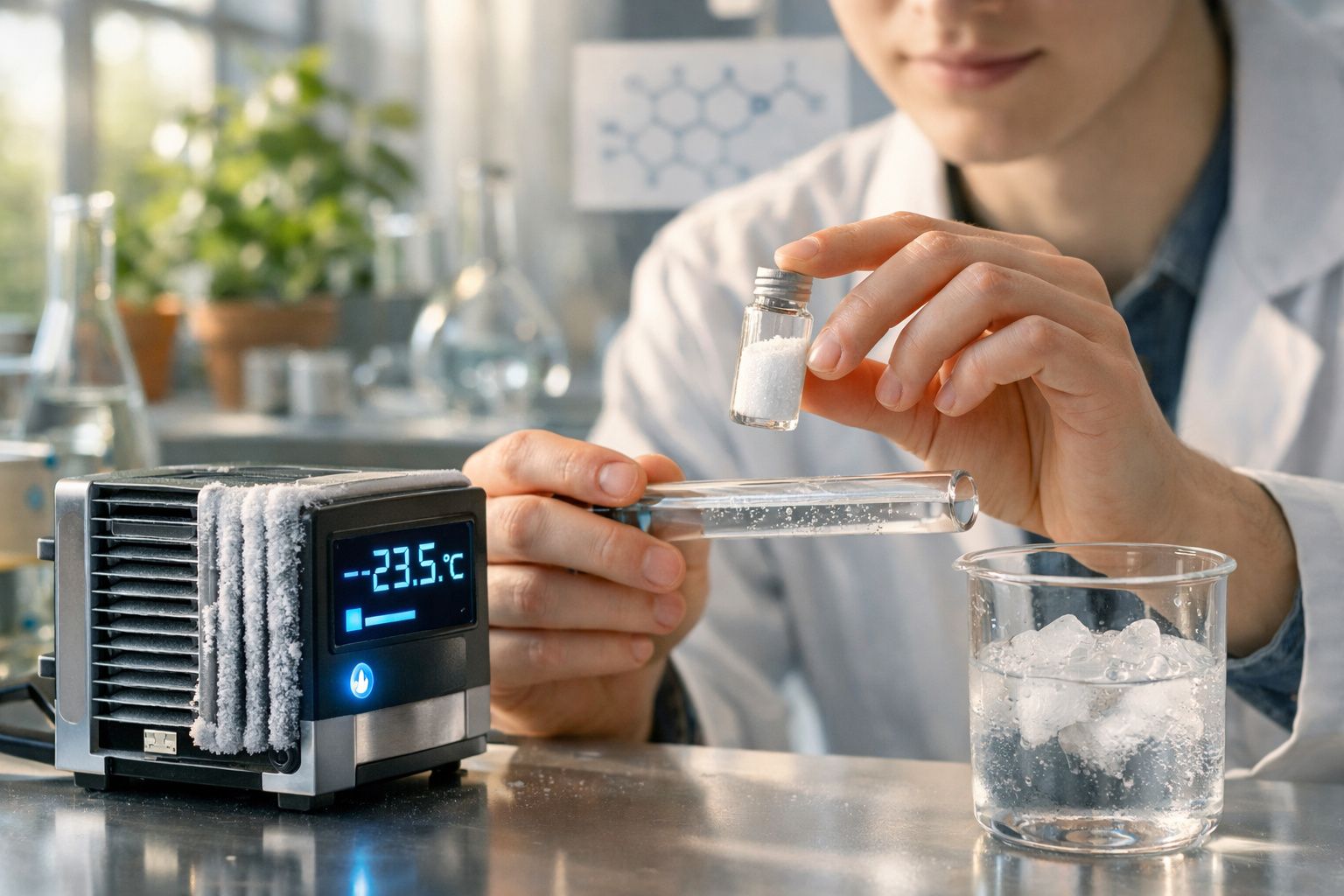 Cientista com bata branca a preparar amostra em tubo de ensaio, com equipamento a -23,5ºC e copo com gelo.