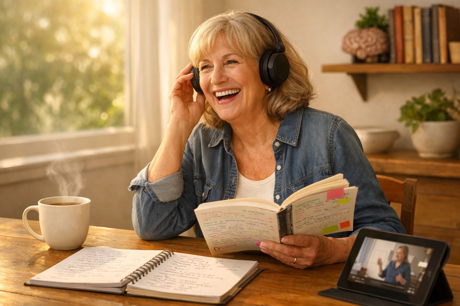 Mulher sorridente com auscultadores, lendo livro e participando em videoconferência numa mesa com café e cadernos.