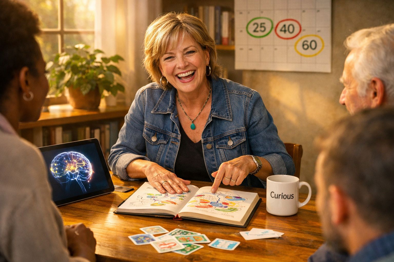 Mulher sénior a explicar em livro ilustrado sobre cérebro a grupo intergeracional numa reunião informal.