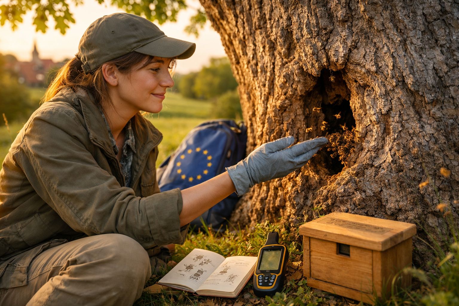 Mulher com roupa de campo observa abelhas a entrar numa árvore, com equipamento de apicultura e caderno à frente.