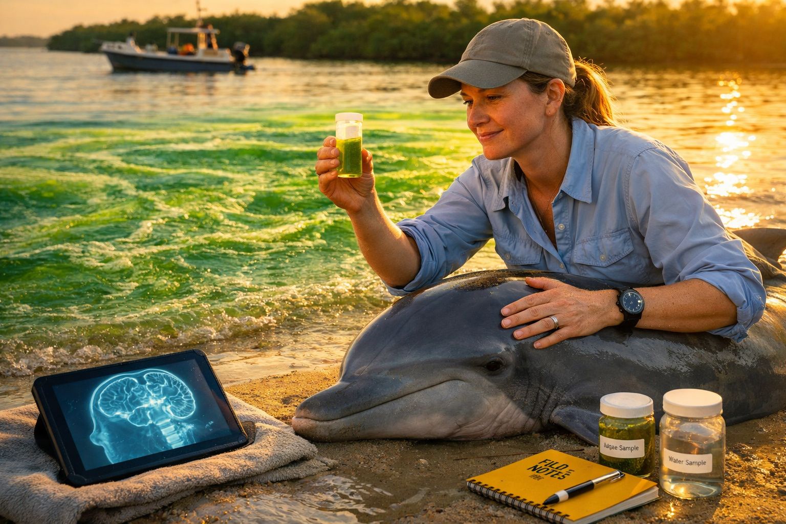 Mulher analisa amostra verde junto a golfinho e tablets com imagem de cérebro na margem do rio ao pôr do sol.