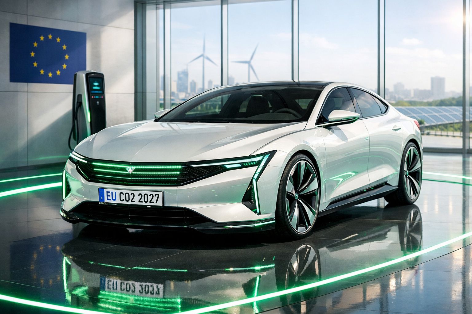 Carro elétrico moderno branco a ser carregado numa estação com painel solar e turbinas eólicas ao fundo.