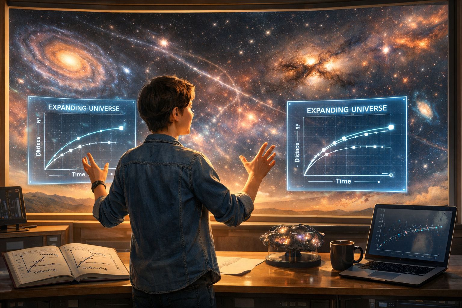 Jovem a estudar o universo em expansão com gráficos e imagens de galáxias numa grande janela.