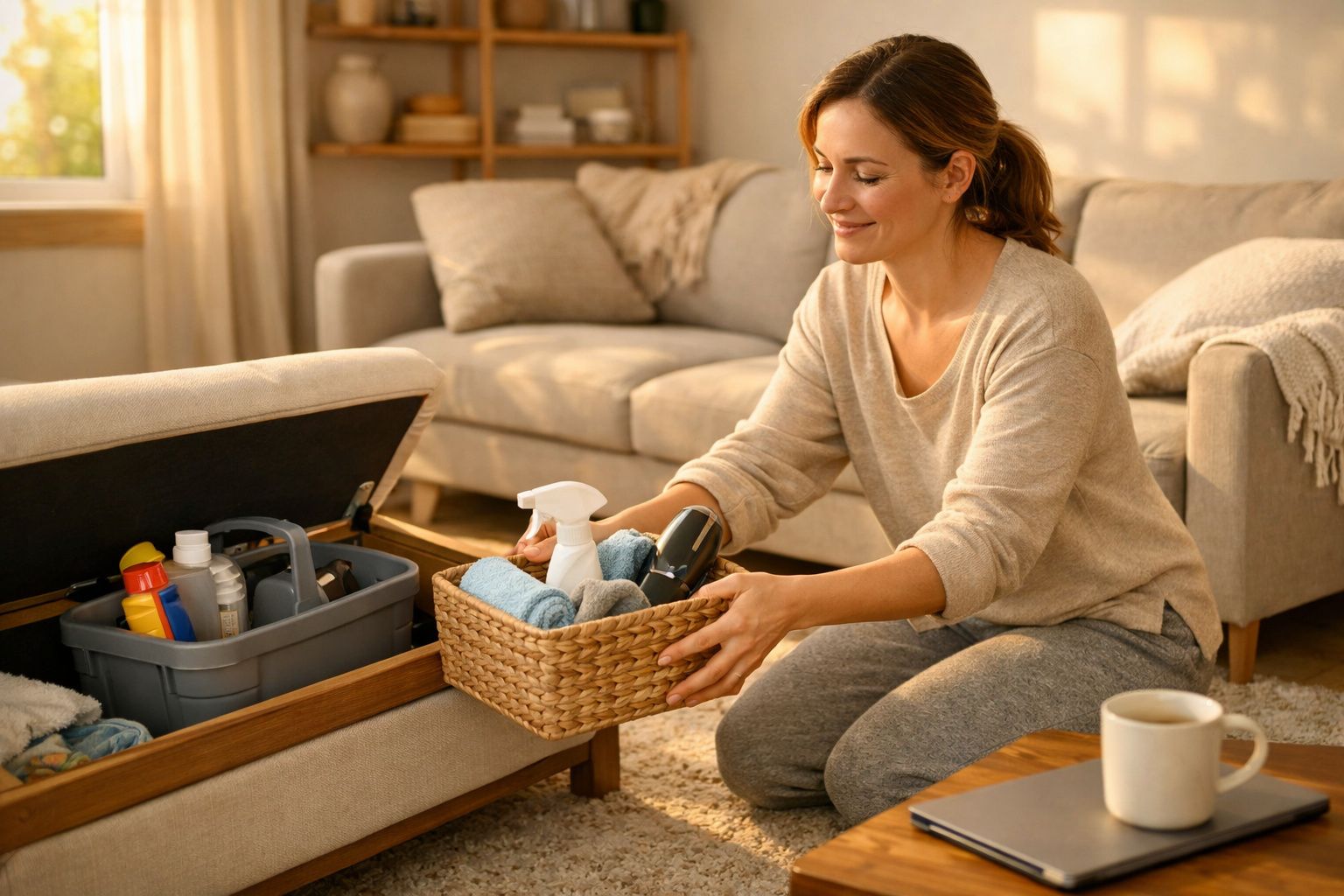 Mulher arruma cesto com produtos de limpeza num ambiente de sala de estar acolhedora e iluminada.