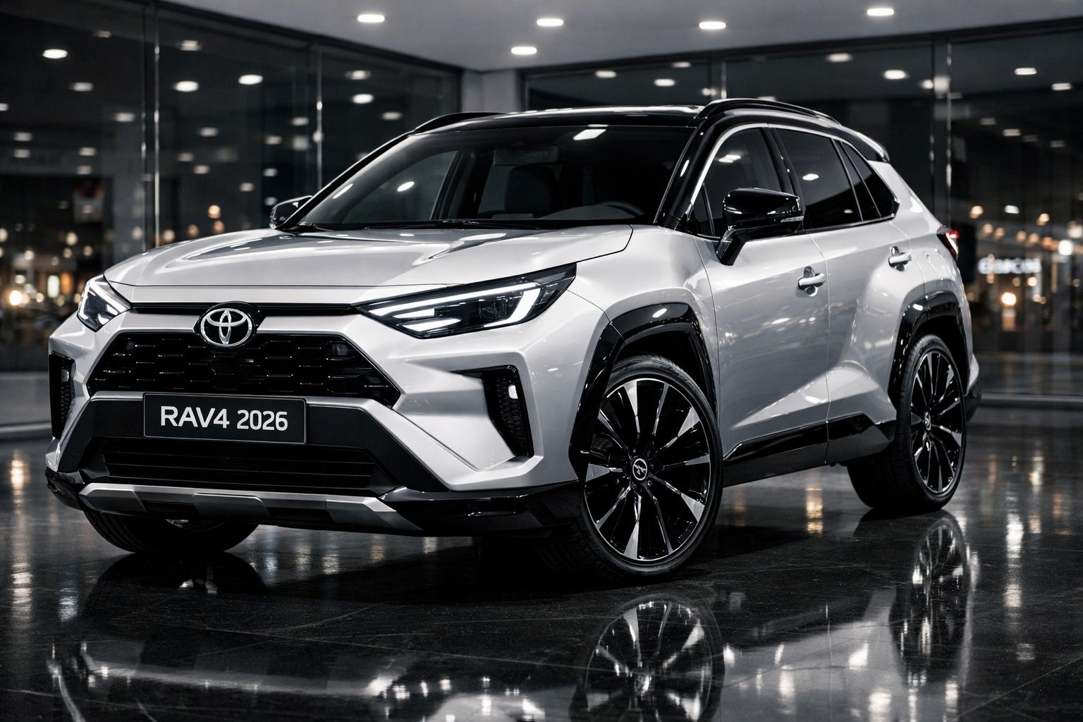 Carro Toyota RAV4 2026 branco com detalhes pretos, apresentado em piso refletor dentro de showroom moderno.