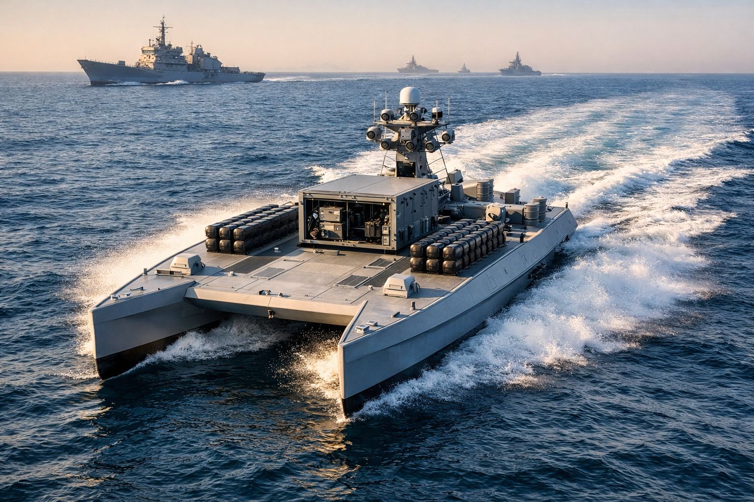 Barco militar não tripulado a alta velocidade no mar com navios de guerra ao fundo ao pôr do sol.