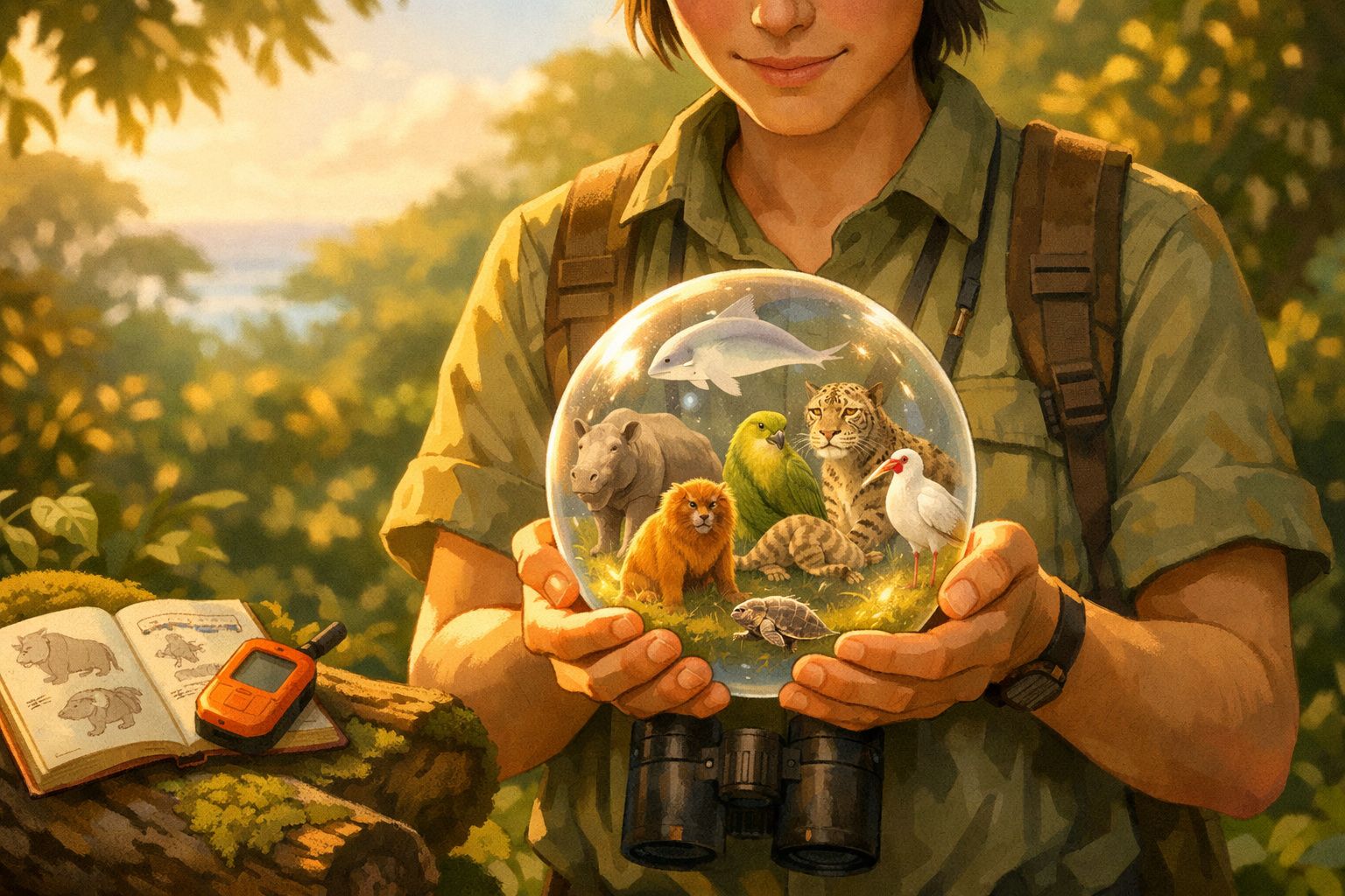Pessoa segurando esfera com vários animais silvestres e equipamentos de observação na floresta.