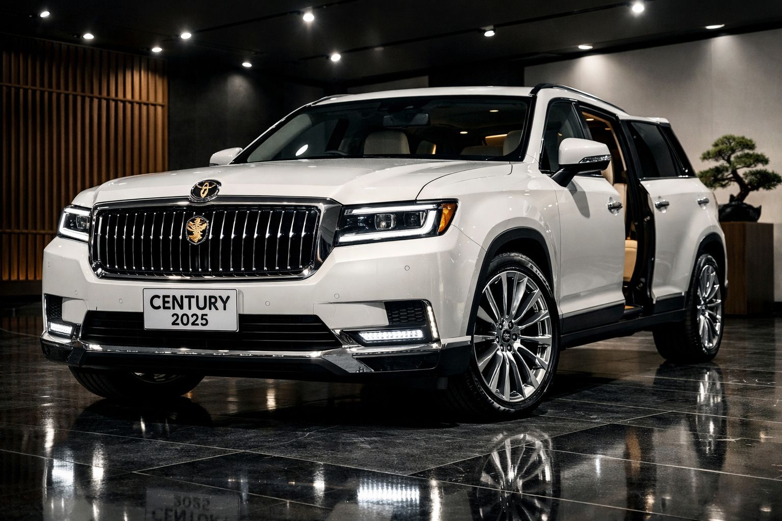 SUV branco Toyota Century 2025 estacionado em interior com portas abertas, detalhes cromados e piso refletor.