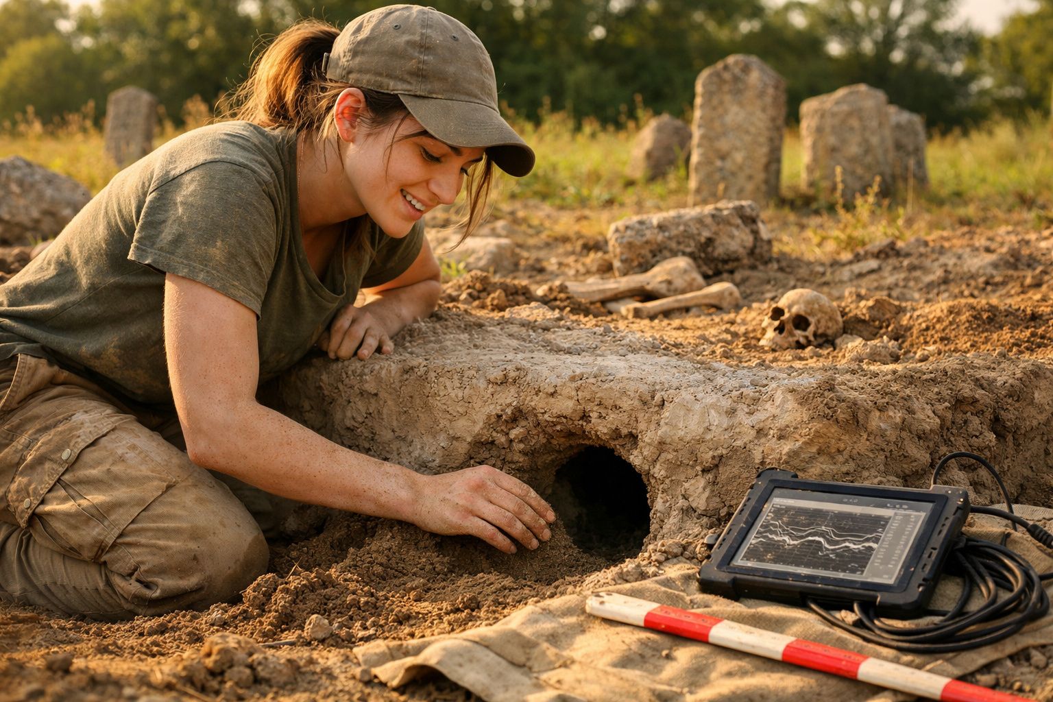 Mulher arqueóloga a escavar em sítio com ossos e caveira, usando tablet para analisar dados no campo.