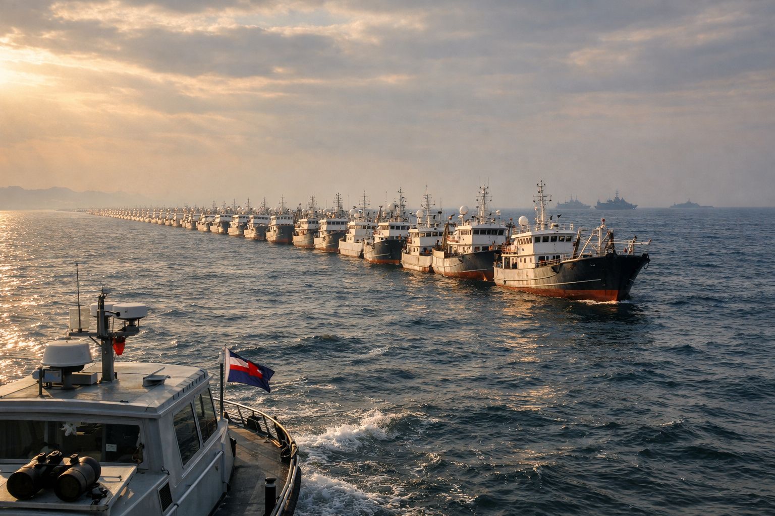 Frota de navios de pesca alinhados no mar ao pôr do sol com um barco em primeiro plano.