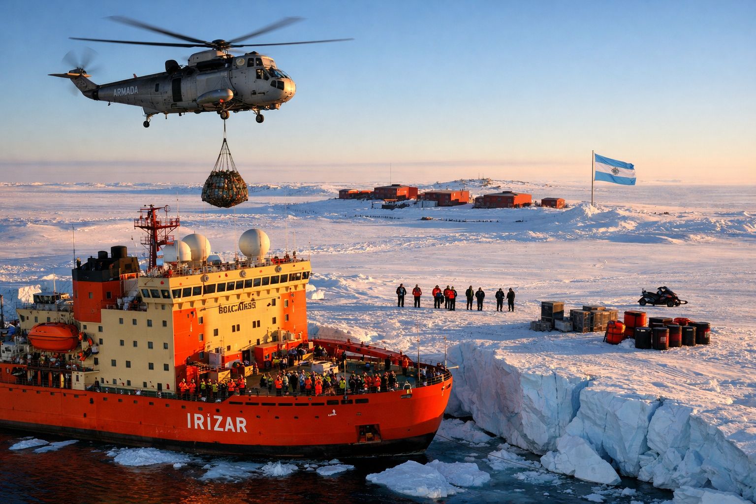 Helicóptero a abastecer navio de investigação Irízar no gelo da Antártida com pessoas e bandeira argentina na neve.
