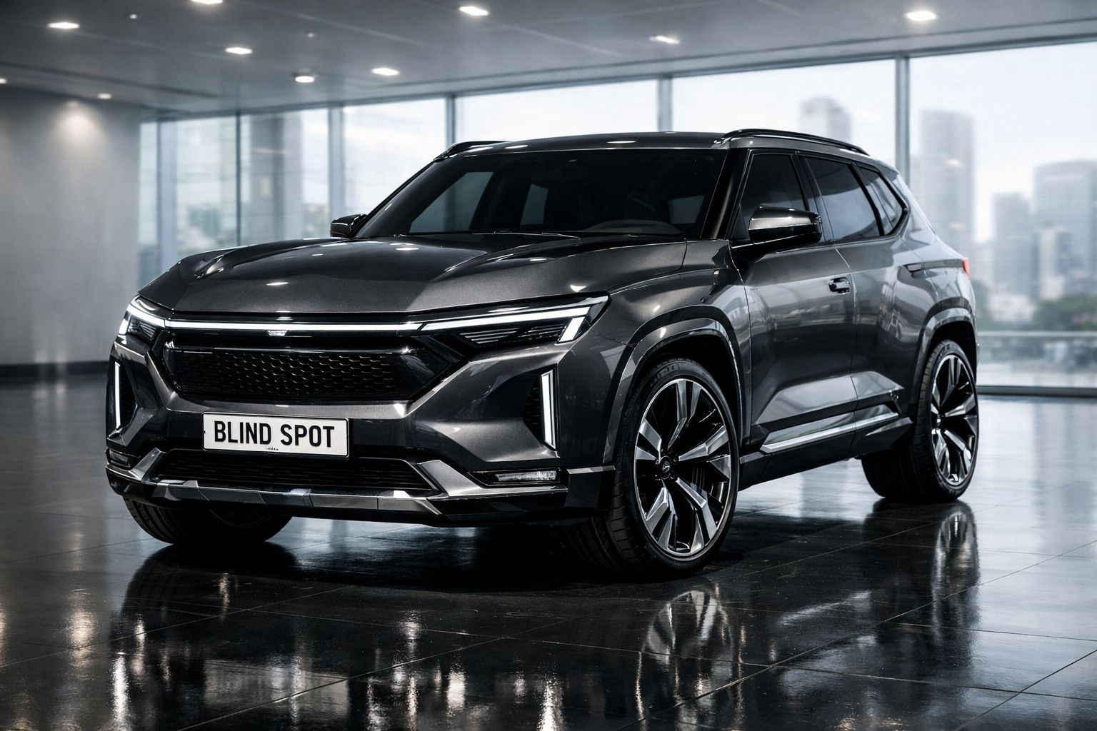 SUV eléctrico cinza metálico estacionado num piso interior refletor com janelas panorâmicas ao fundo.