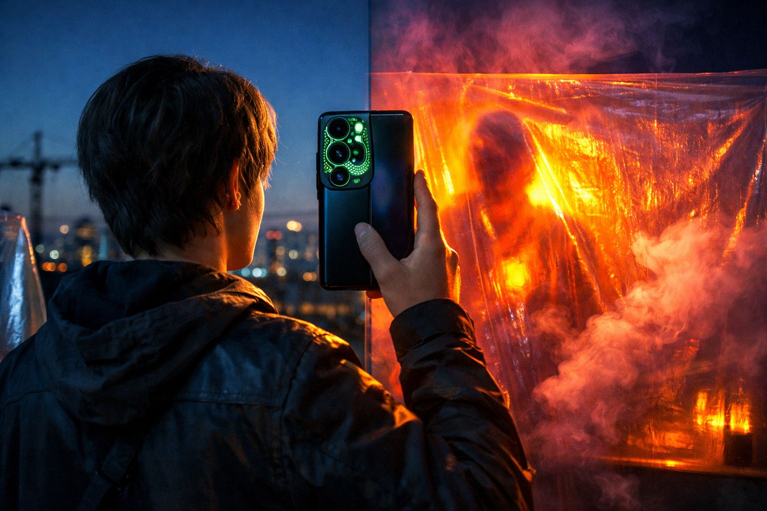 Pessoa a tirar foto a figura desfocada atrás de plástico com luzes laranja e fumo, à noite na cidade.