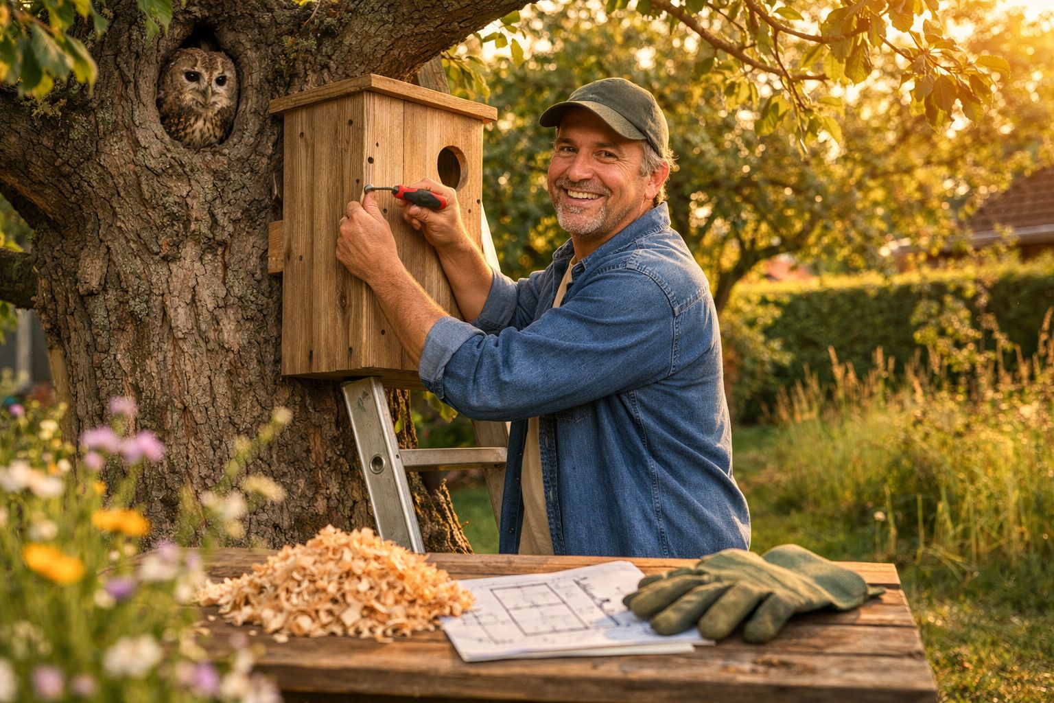 Homem feliz a instalar casa de madeira para aves numa árvore, com coruja à espreita no tronco.