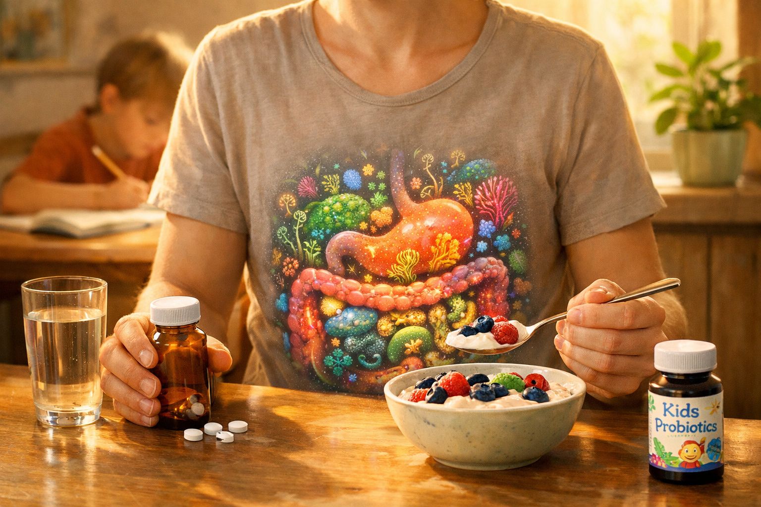Pessoa com t-shirt ilustrada de sistema digestivo, comendo iogurte e segurando comprimidos e frascos de probióticos.