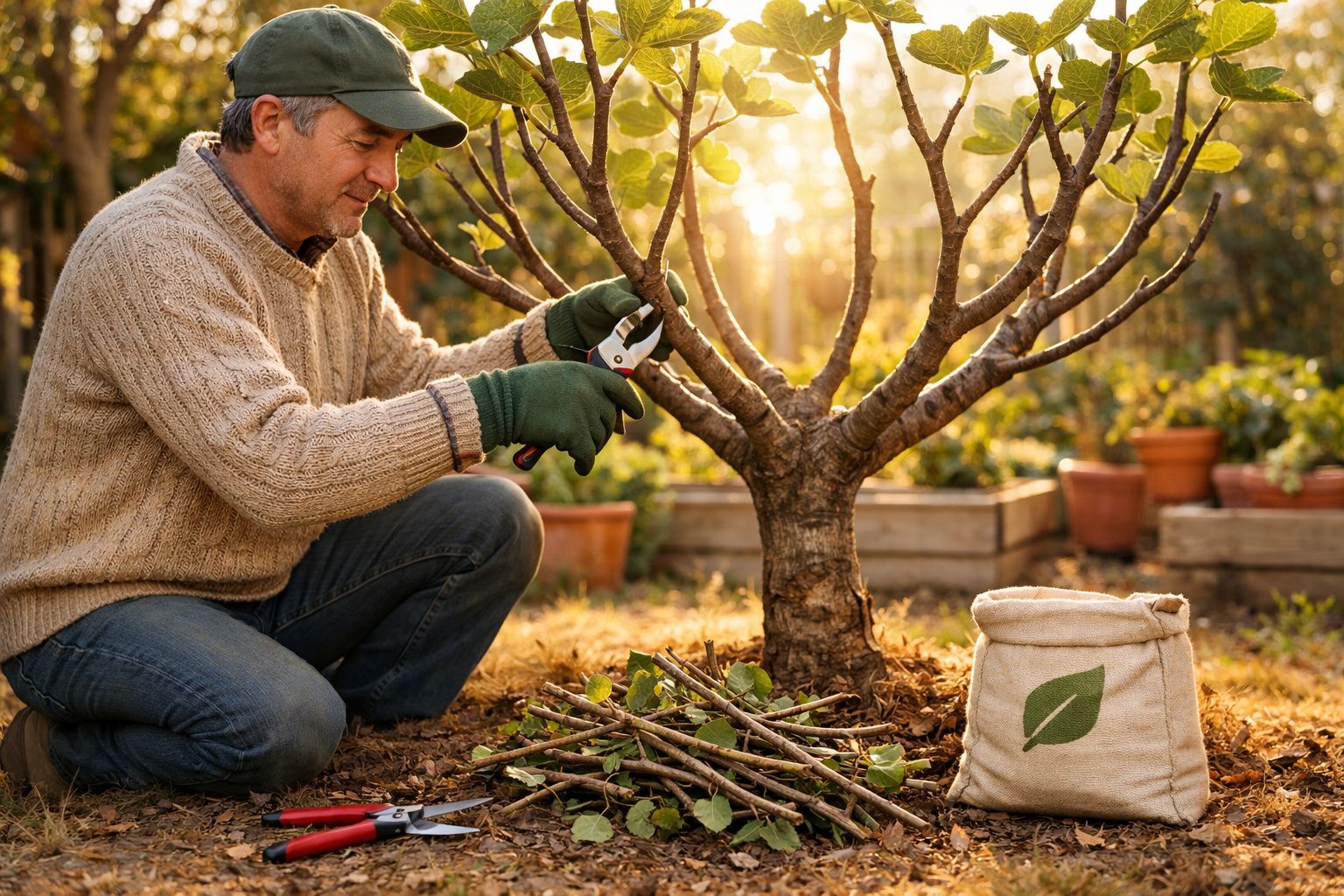 Homem com luvas poda árvore num jardim ao pôr do sol, com ramos cortados e saco ao lado.