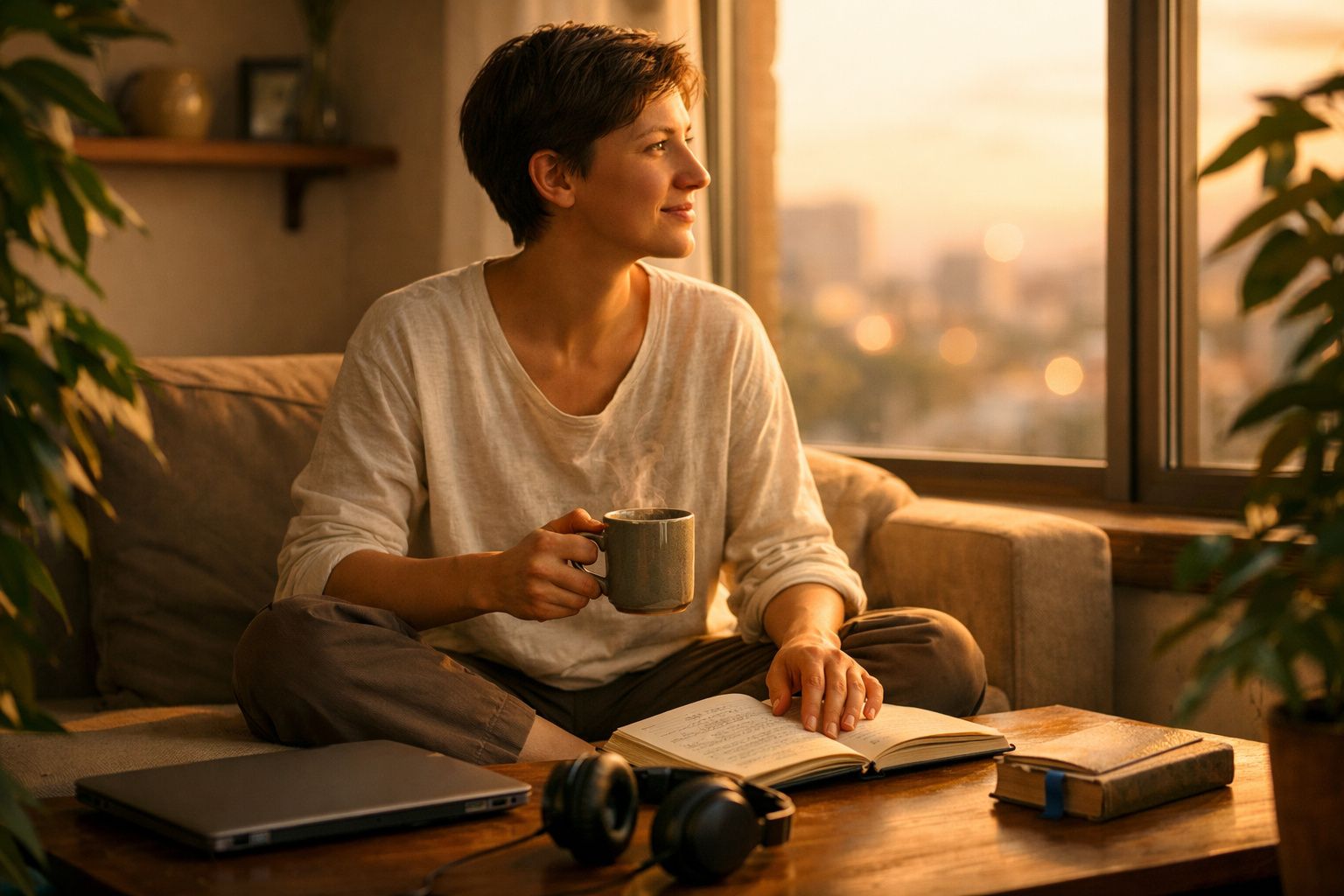 Mulher sentada no sofá a beber chá e a ler um livro, com luz natural pela janela ao pôr do sol.