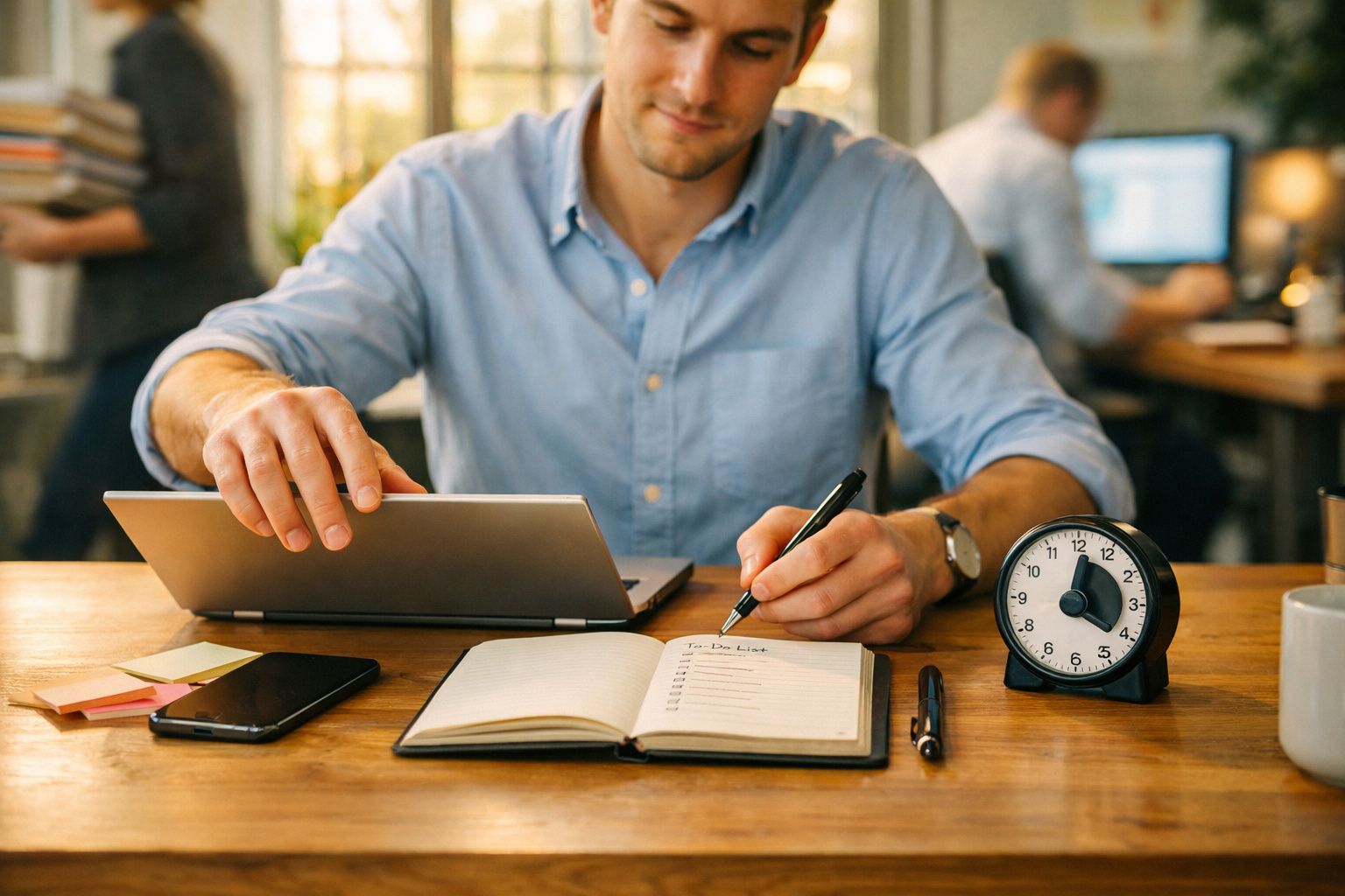 Homem a escrever lista de tarefas num caderno, com portátil, relógio e telemóvel numa mesa de escritório.