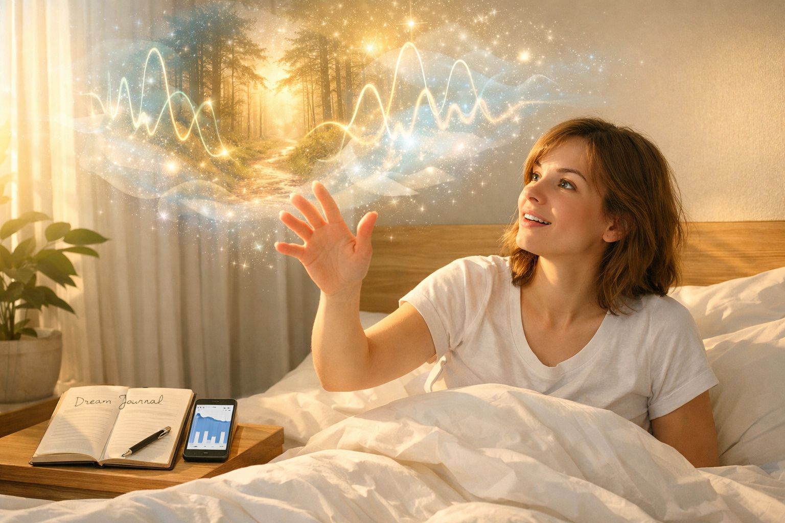 Mulher sentada na cama interage com imagem holográfica de floresta e gráficos à sua frente.