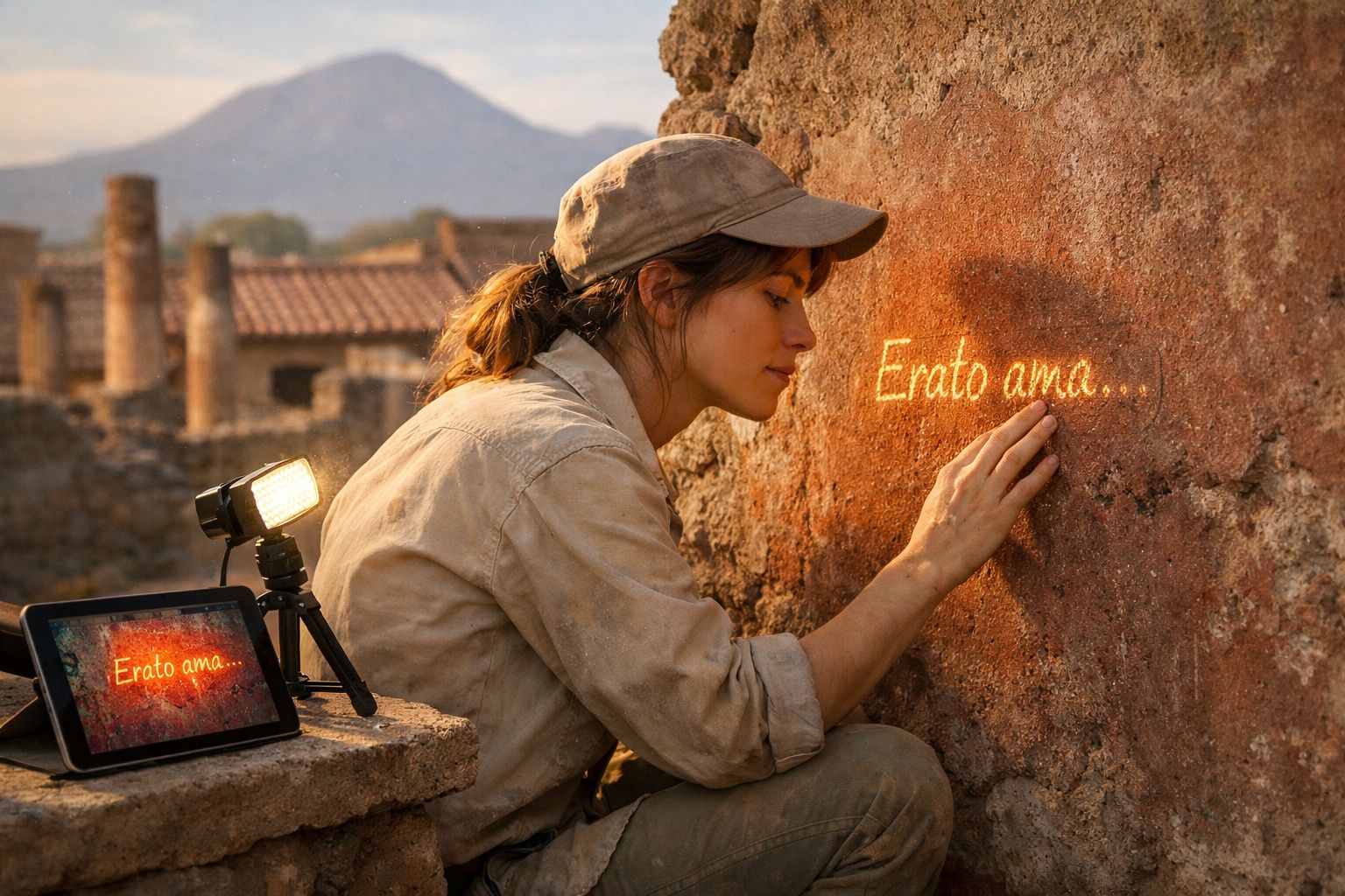 Mulher com boné observa a inscrição "Erato ama..." numa parede antiga durante escavação arqueológica.