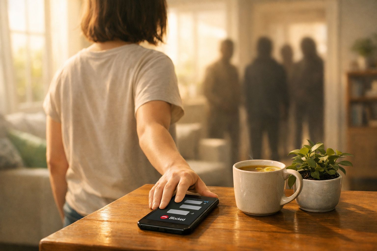 Pessoa a rejeitar chamada num telemóvel sobre mesa com chá e planta, com figuras desfocadas ao fundo.