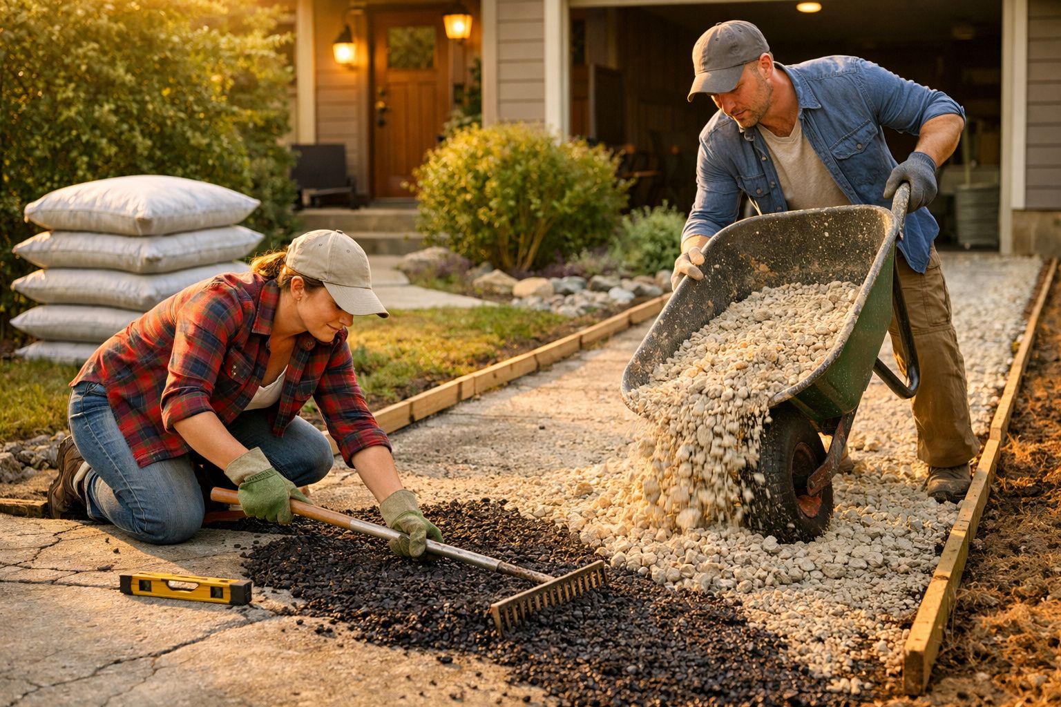 Casal a trabalhar na construção de caminho de jardim com carrinho de mão e ancinho numa tarde ensolarada.