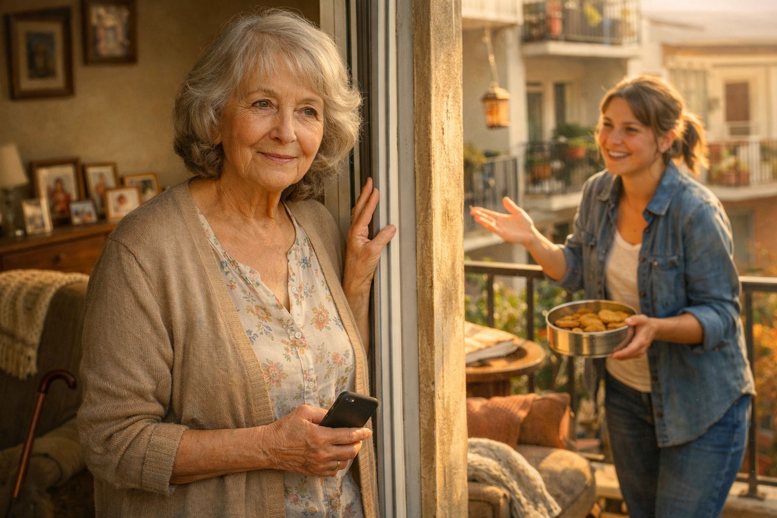 Idosa segurando telemóvel sorri à jovem que oferece bolos na varanda de uma casa iluminada pelo sol.