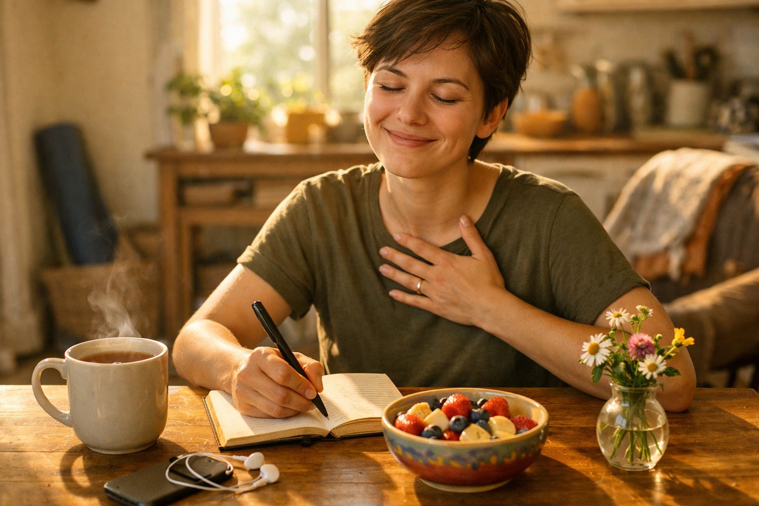 Mulher sorridente a escrever num caderno, com chá quente e tigela de fruta numa mesa rústica iluminada pelo sol.
