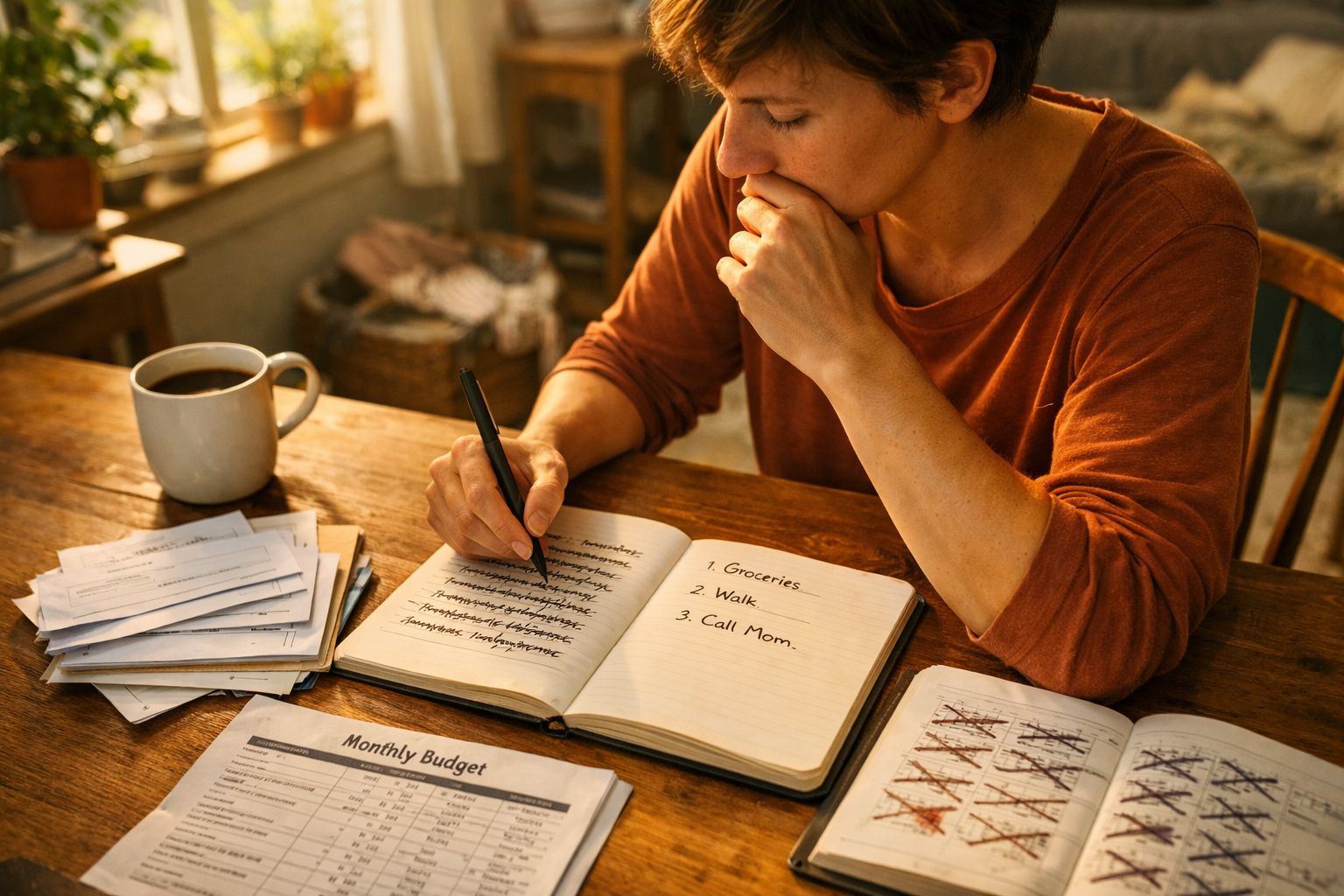 Pessoa a fazer lista de tarefas num caderno com várias contas e uma chávena de café numa mesa de madeira.