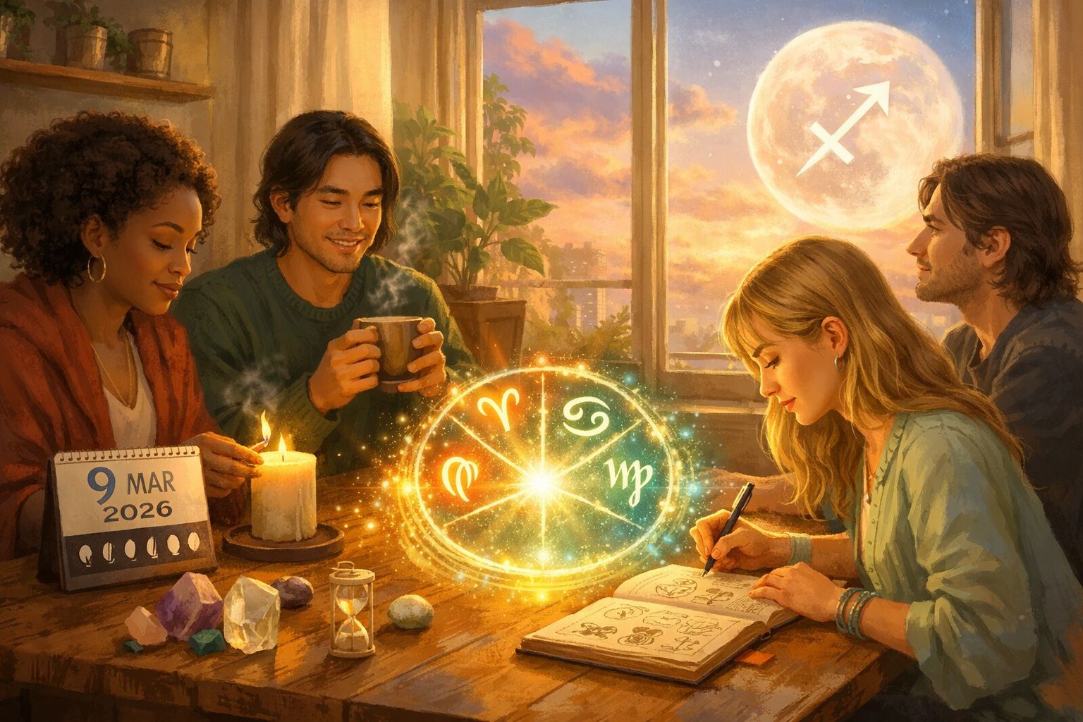 Quatro pessoas numa mesa com cristais, vela acesa, calendário de março 2026, e signos astrológicos brilhantes ao centro.