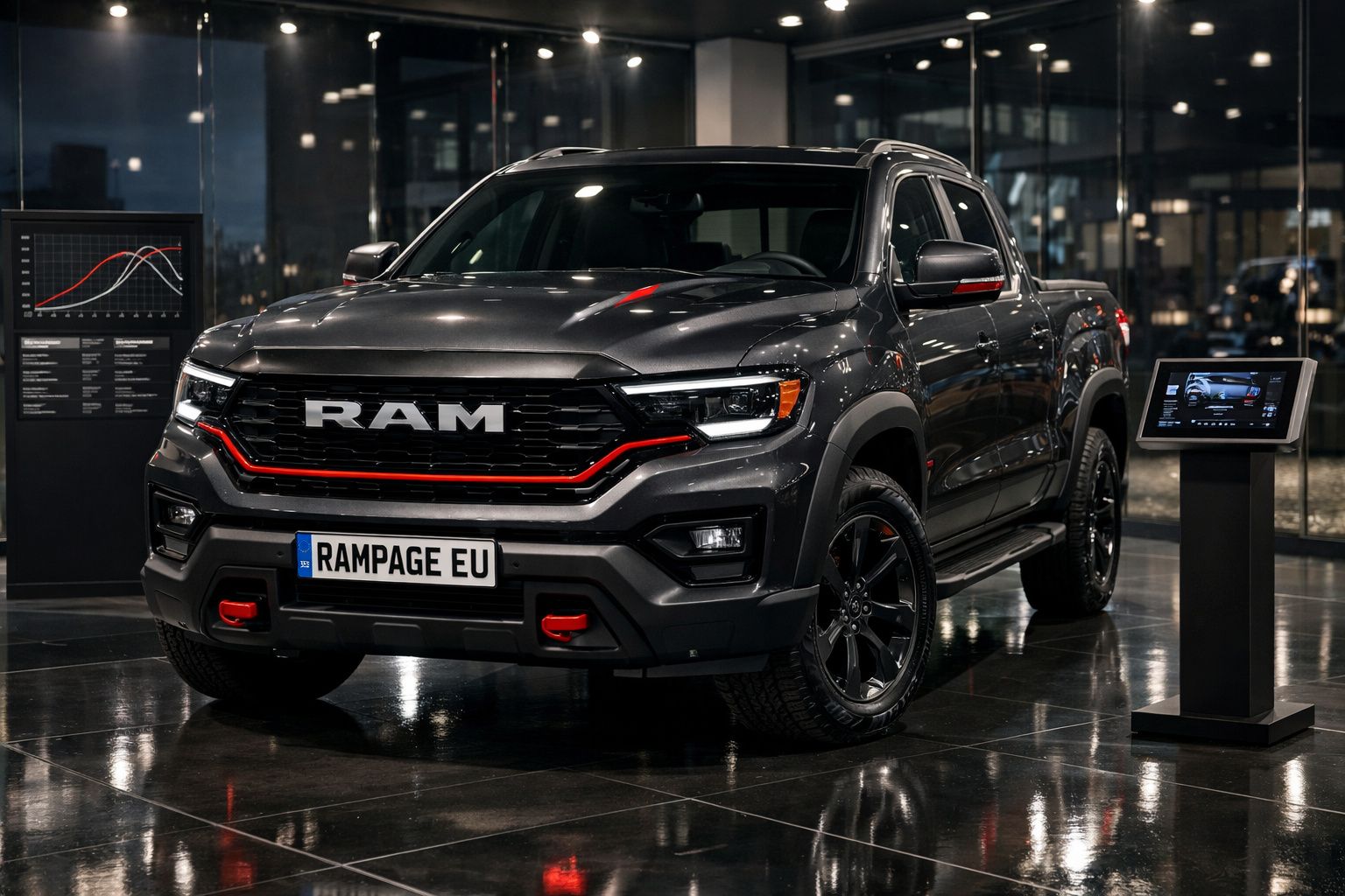 Picape RAM cinzenta escura com detalhes em vermelho exposta em salão moderno com chão reflexivo.