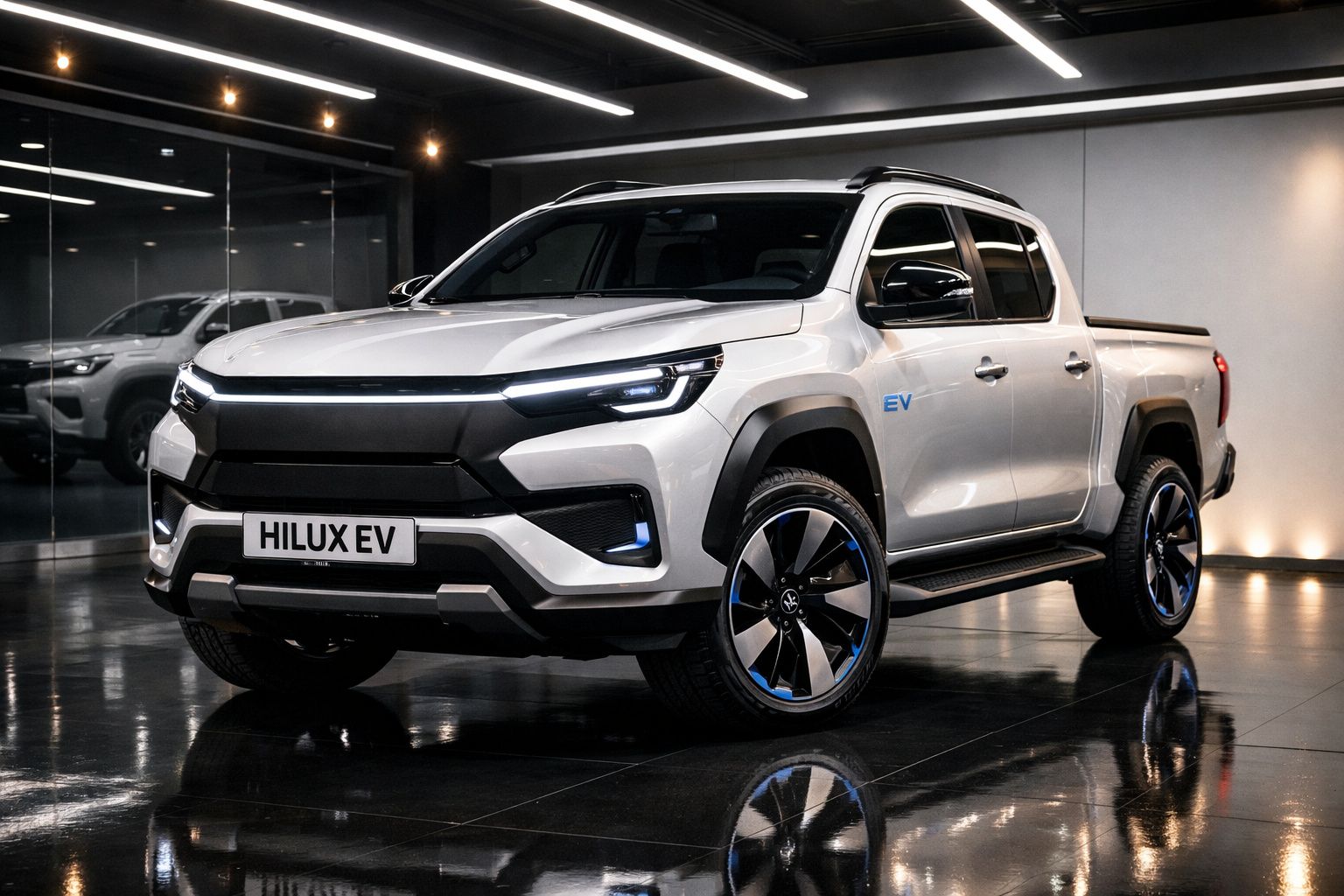 Picape elétrica Toyota Hilux EV branca, moderna e elegante, em ambiente interior iluminado.