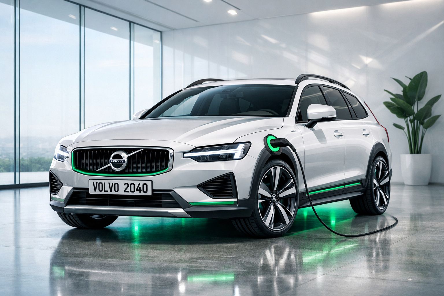 Carro elétrico Volvo branco a ser carregado numa garagem moderna com piso espelhado e planta decorativa.