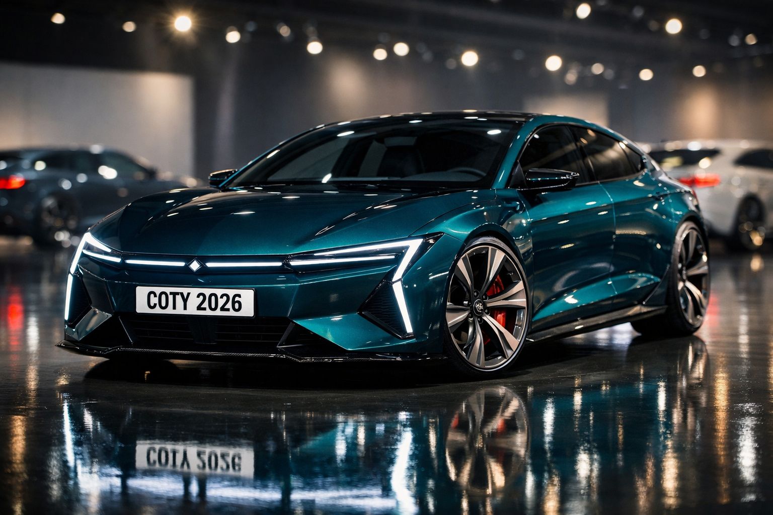 Carro desportivo elétrico azul metálico com design futurista e faróis LED acesos, estacionado em garagem.