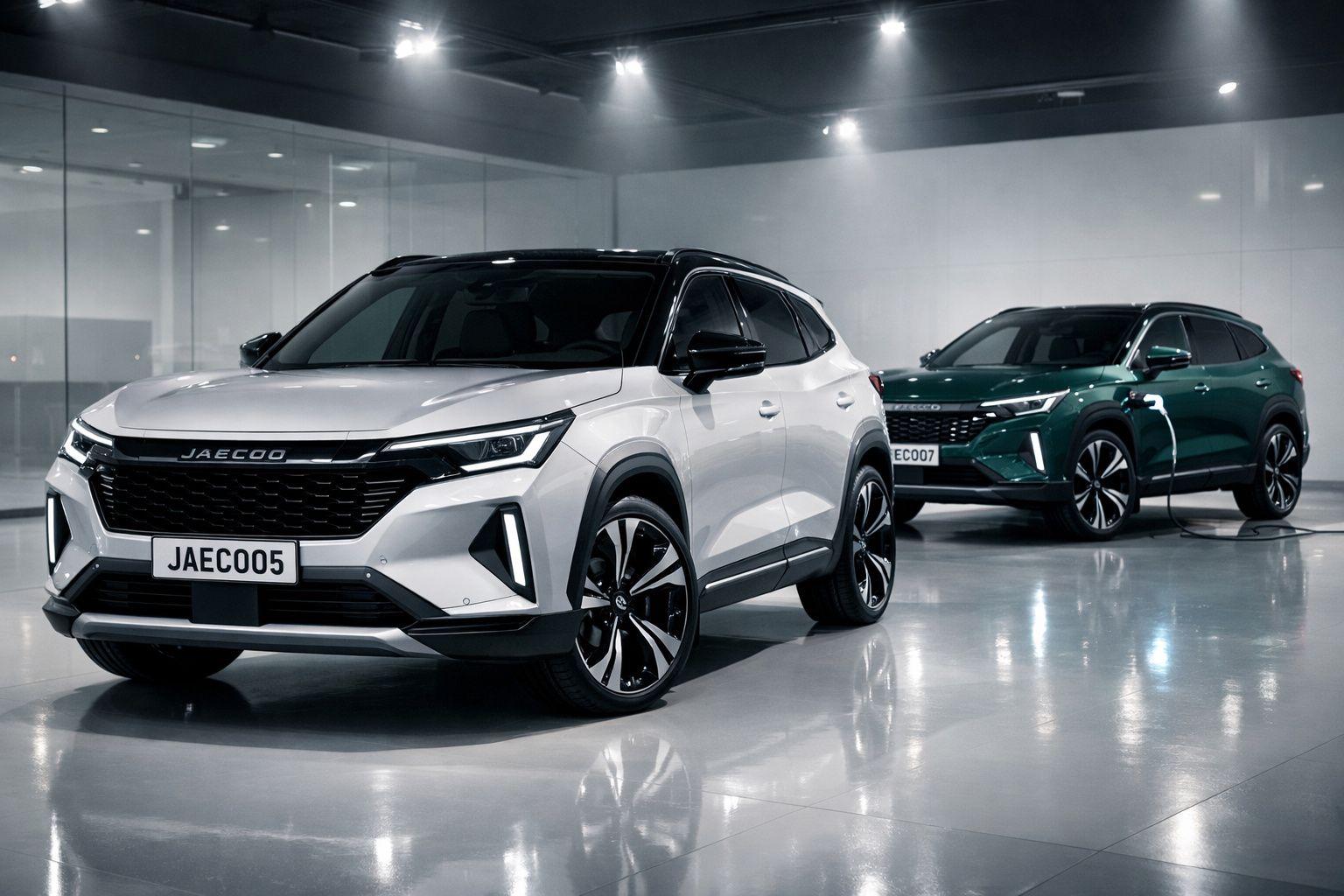Dois SUVs elétricos Jaecoo, um branco e outro verde, em carregamento numa garagem moderna e iluminada.