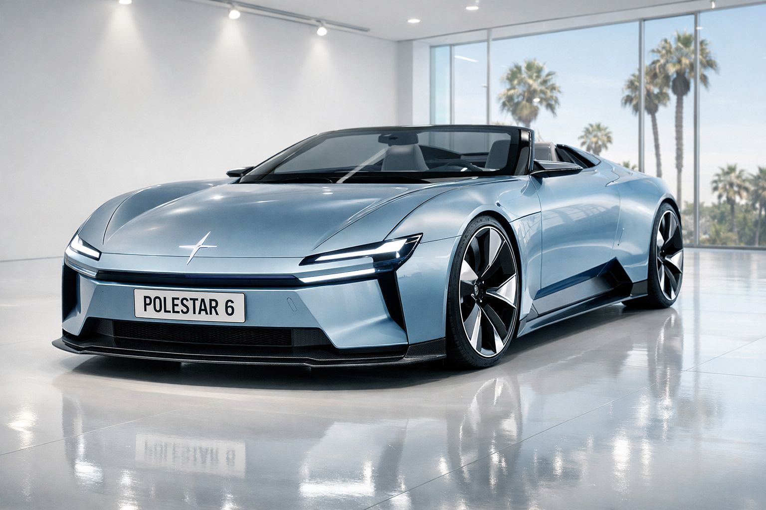 Carro desportivo conversível elétrico Polestar 6 azul metálico em showroom moderno com janelas amplas.