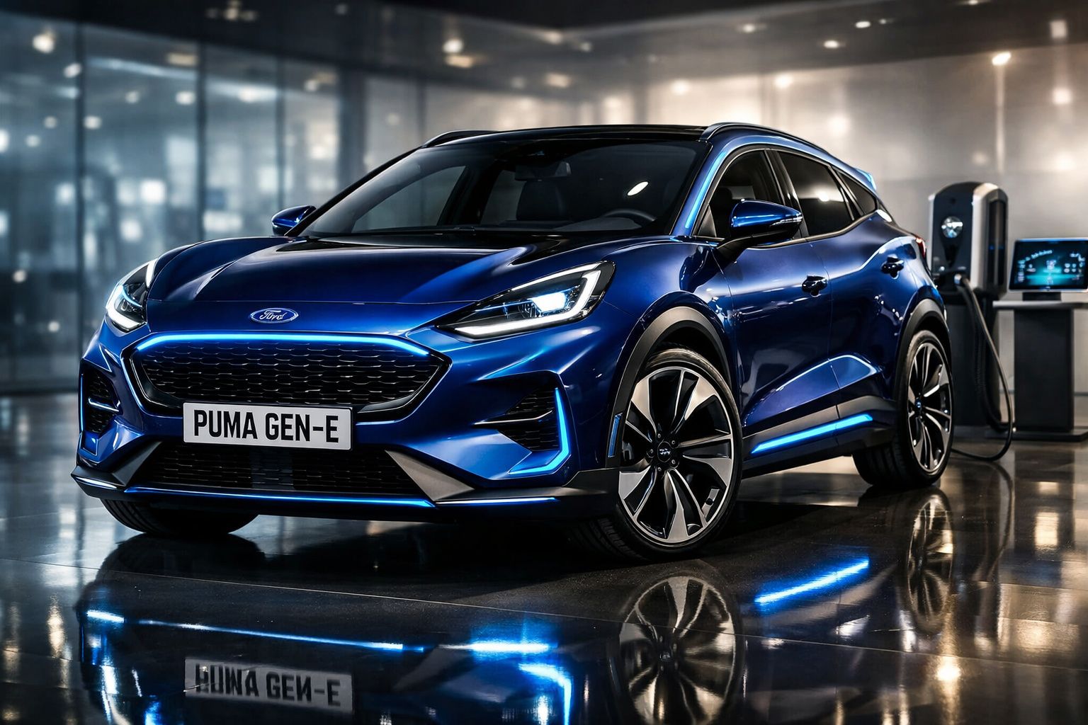 Carro elétrico Ford Puma GEN-E azul carregando numa estação de carregamento interior moderna.