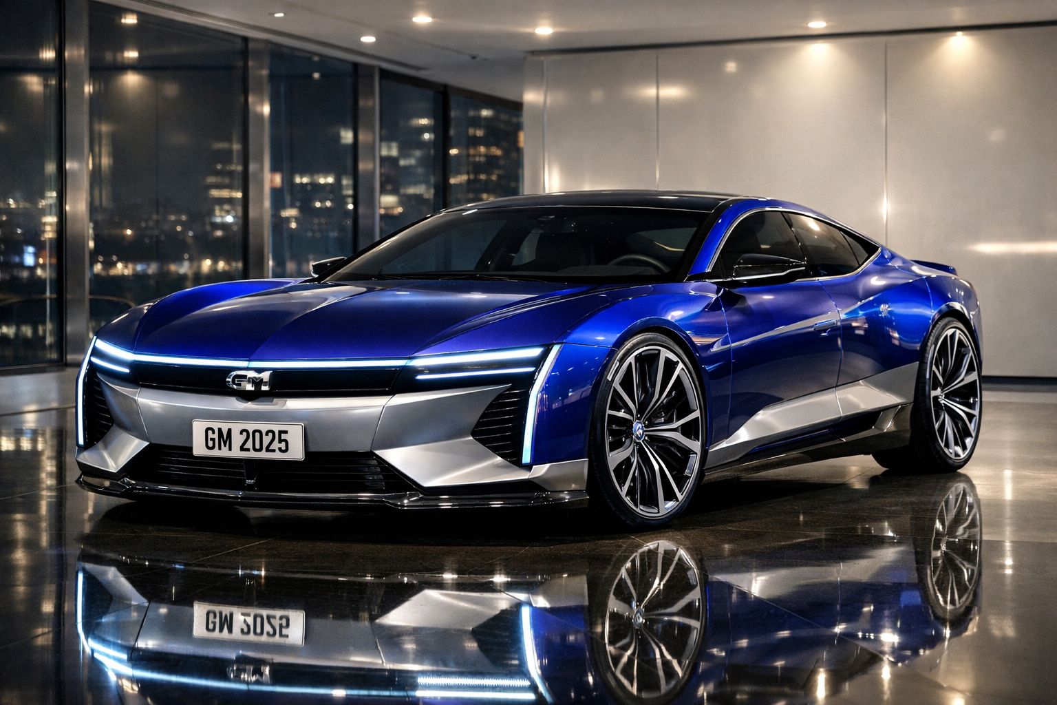 Carro desportivo elétrico azul com design futurista estacionado em piso espelhado, cenário urbano noturno.